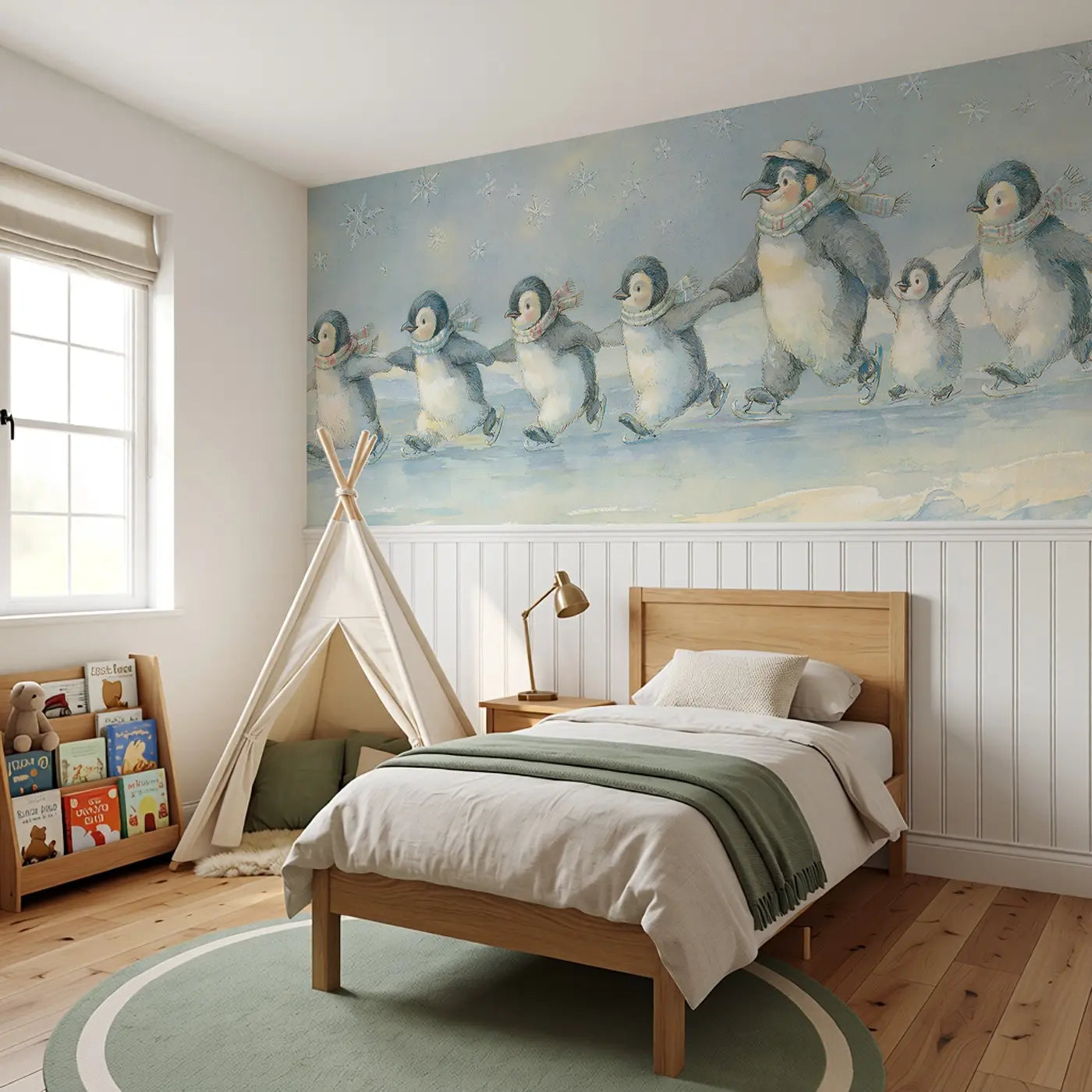 Penguin Parade Ice Rink Wainscoting Wallpaper styled in a kids bedroom by Whimsy Tots