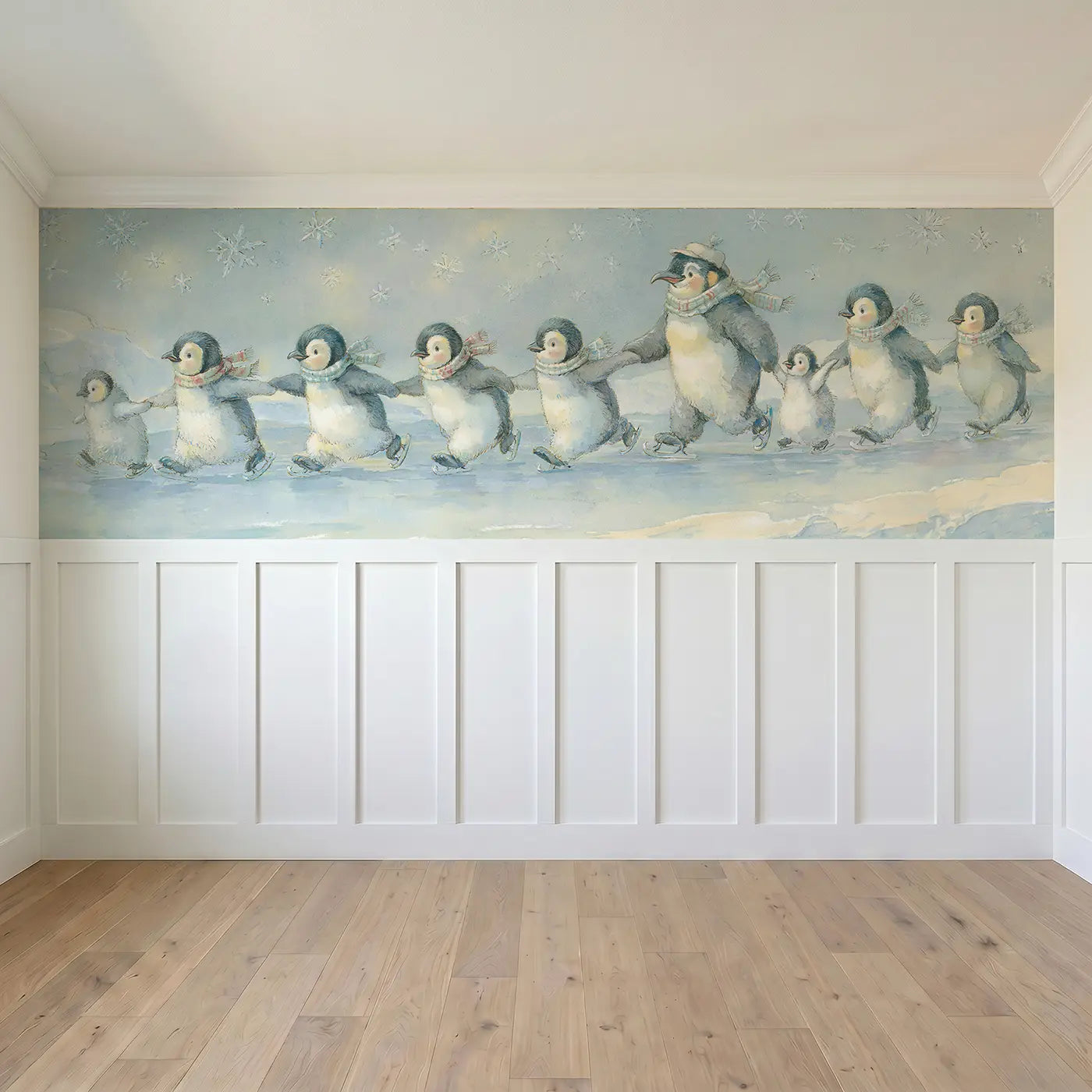 Full panel view of Penguin Parade Ice Rink Wainscoting Wallpaper by Whimsy Tots