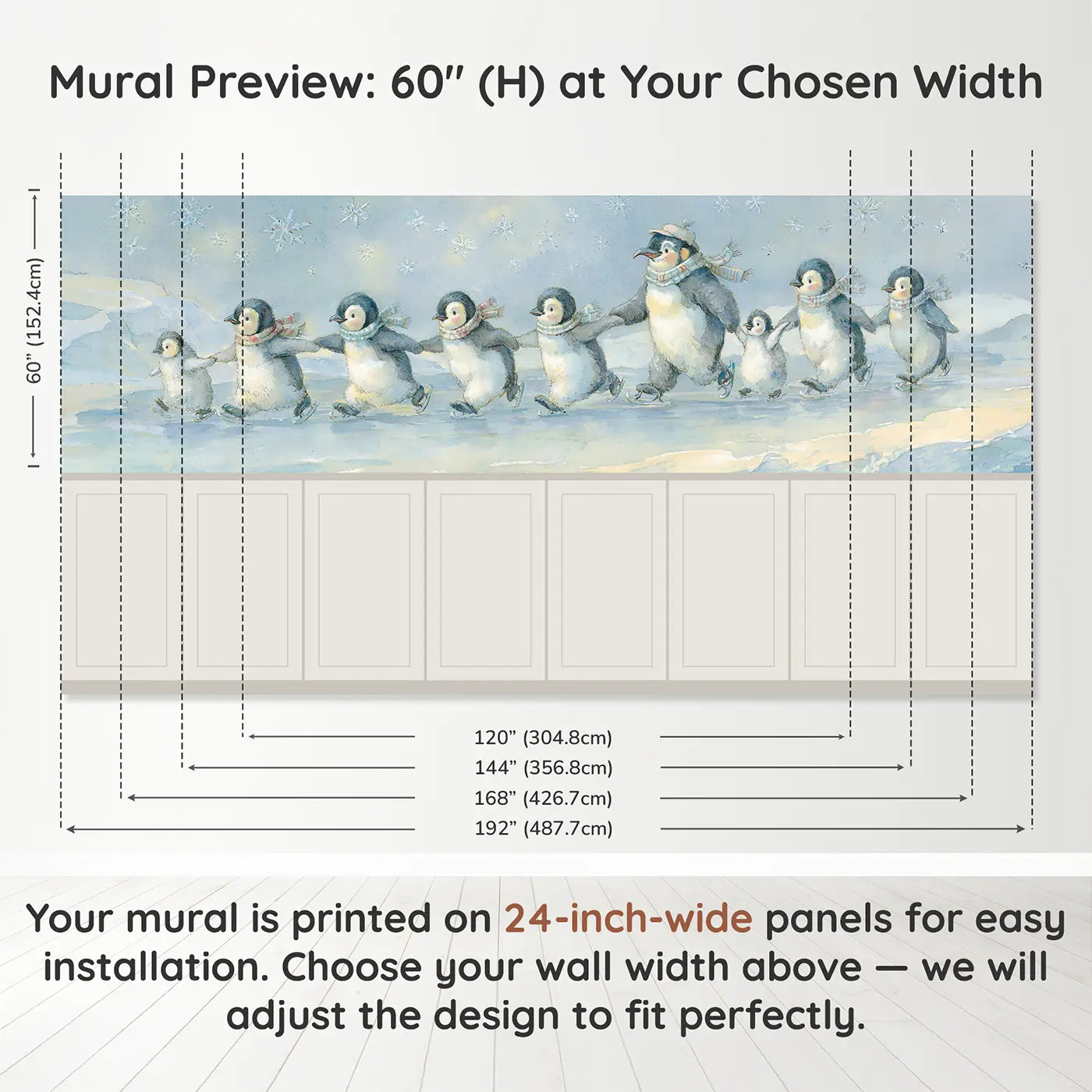 Panel dimensions for Penguin Parade Ice Rink Wainscoting Wallpaper by Whimsy Tots