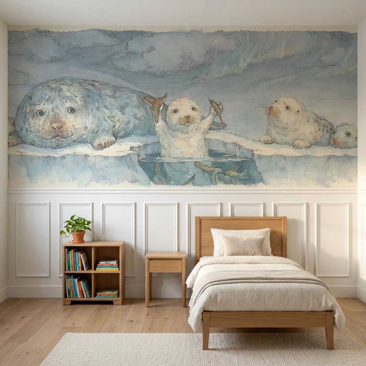 Storybook seal family ice fishing wainscoting wallpaper for bedroom by Whimsy Tots.