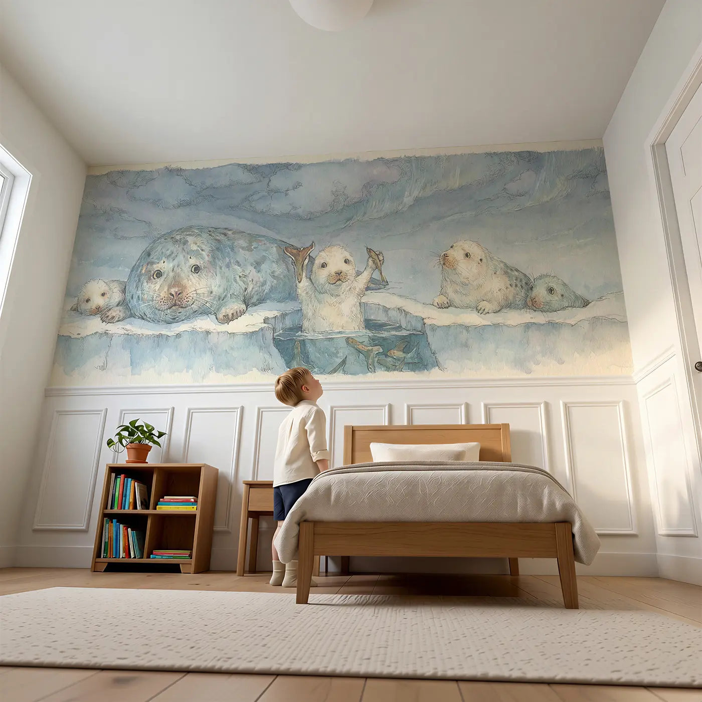 Child reading near Seal Family Ice Fishing Wainscoting Wallpaper by Whimsy Tots
