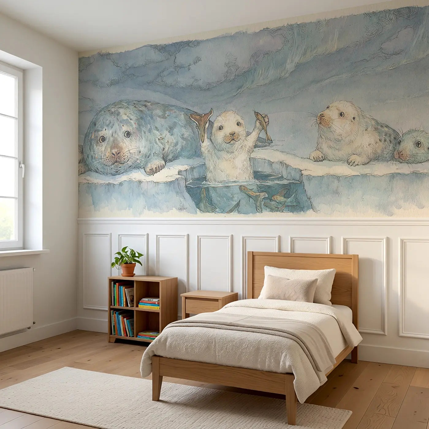 Seal Family Ice Fishing Wainscoting Wallpaper styled in a kids bedroom by Whimsy Tots