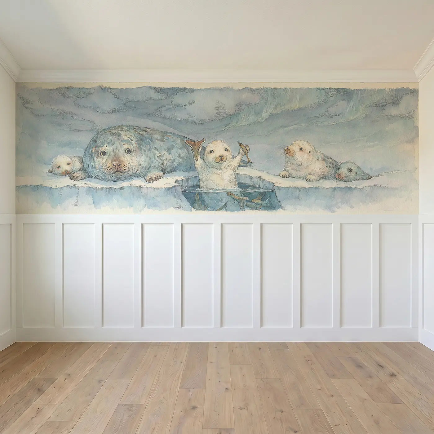 Full panel view of Seal Family Ice Fishing Wainscoting Wallpaper by Whimsy Tots