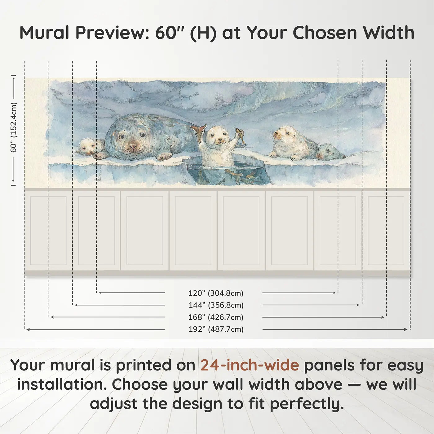 Panel dimensions for Seal Family Ice Fishing Wainscoting Wallpaper by Whimsy Tots