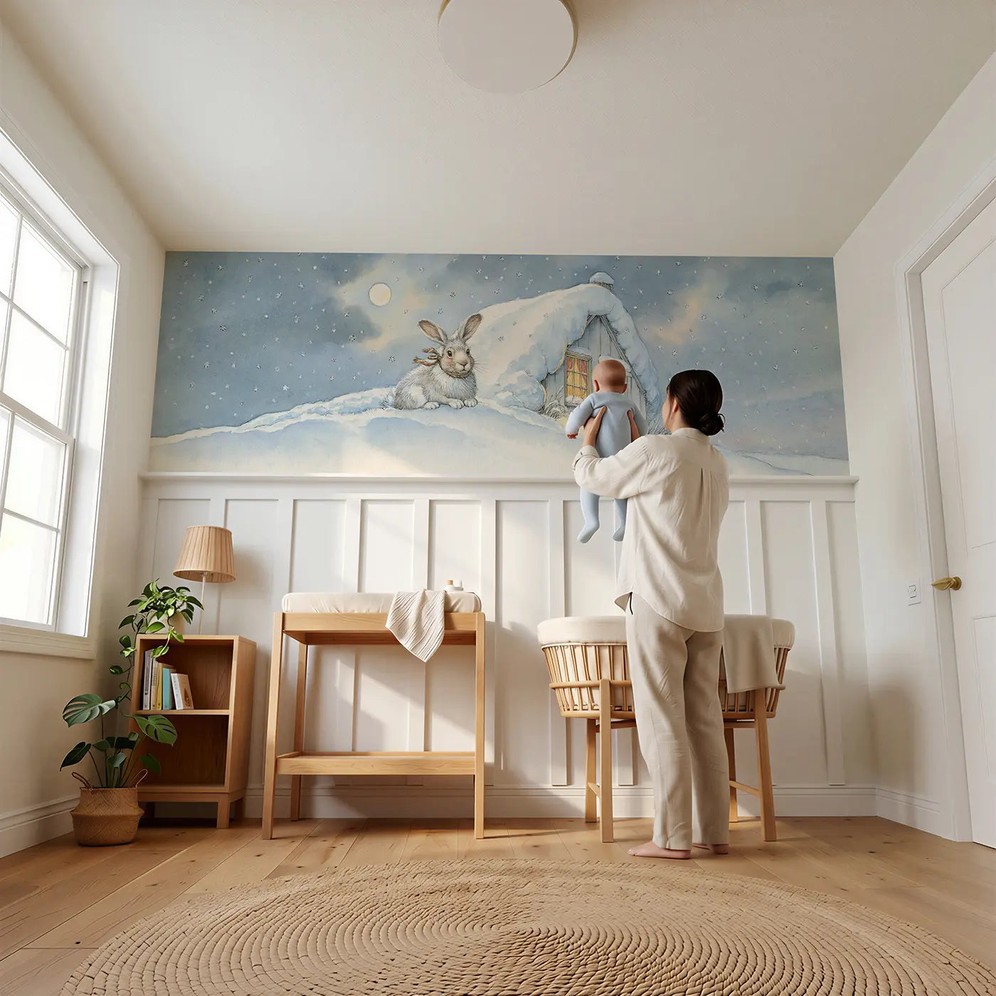 Child reading near Arctic Hare Snow Cottage Wainscoting Wallpaper by Whimsy Tots