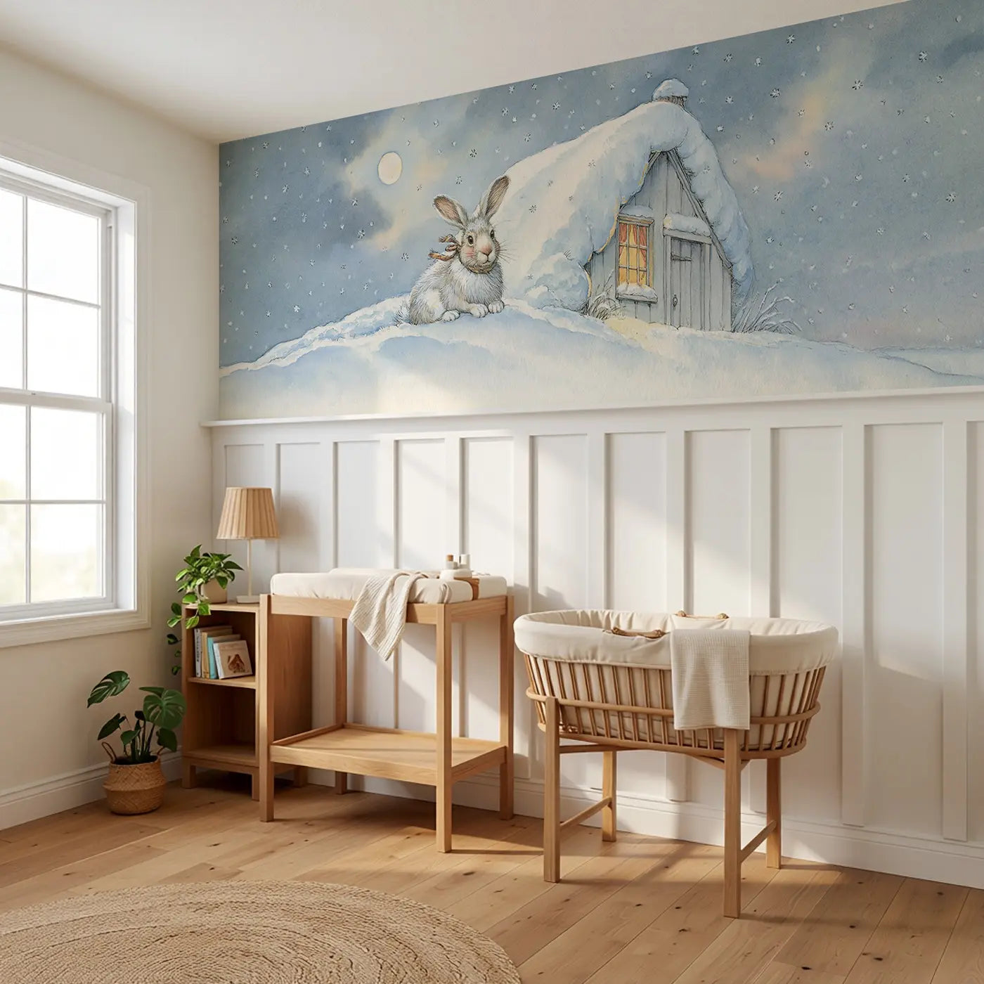 Arctic Hare Snow Cottage Wainscoting Wallpaper styled in a kids bedroom by Whimsy Tots