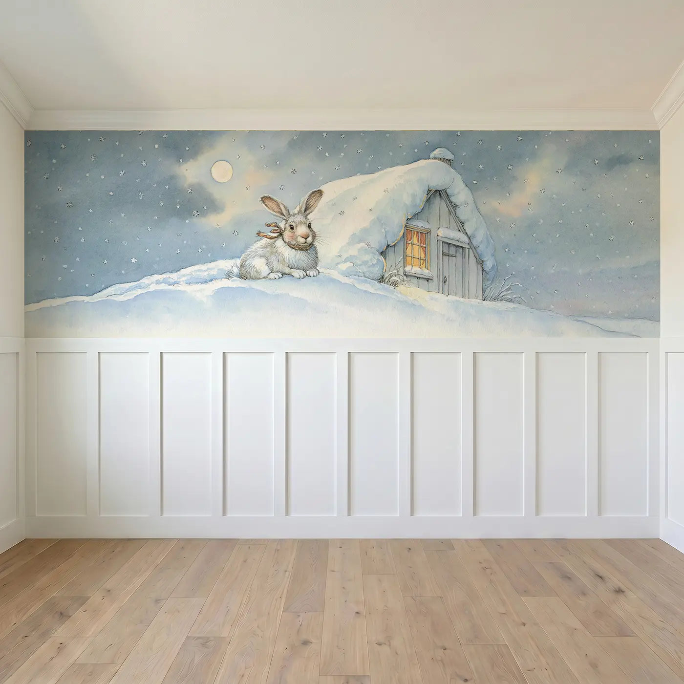 Full panel view of Arctic Hare Snow Cottage Wainscoting Wallpaper by Whimsy Tots