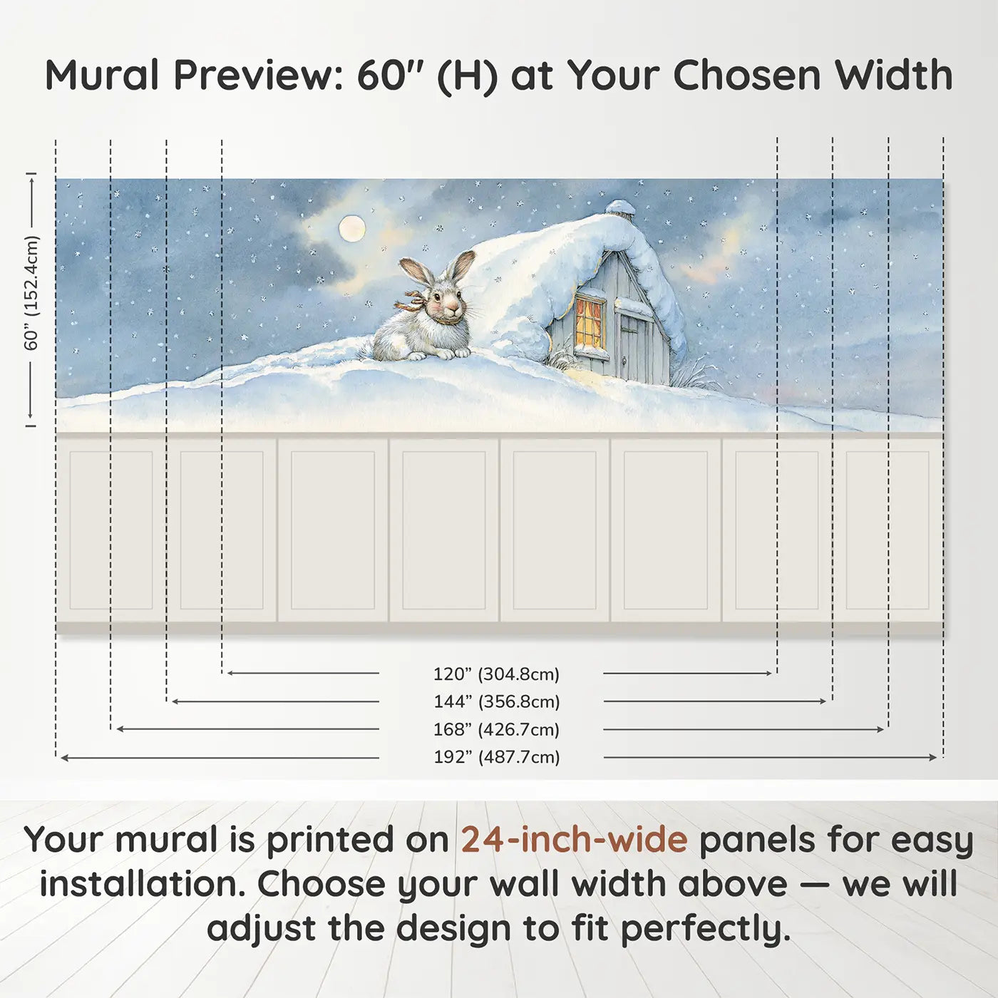 Panel dimensions for Arctic Hare Snow Cottage Wainscoting Wallpaper by Whimsy Tots
