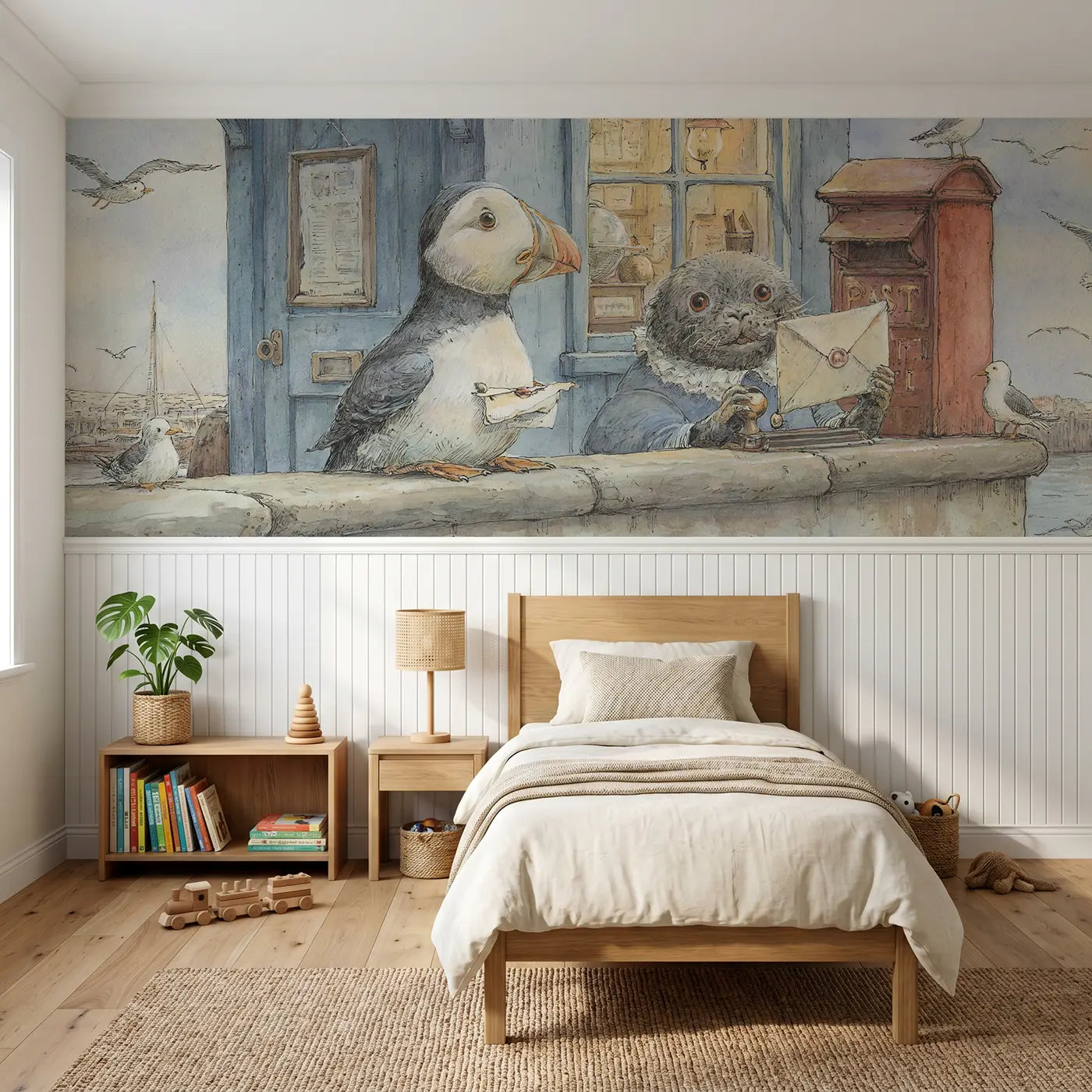 Storybook puffin post office harbor wainscoting wallpaper for bedroom by Whimsy Tots.