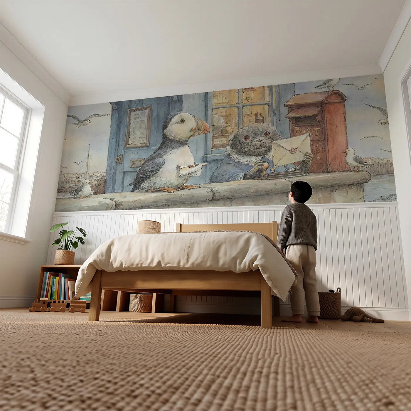 Child reading near Puffin Post Office Harbor Wainscoting Wallpaper by Whimsy Tots