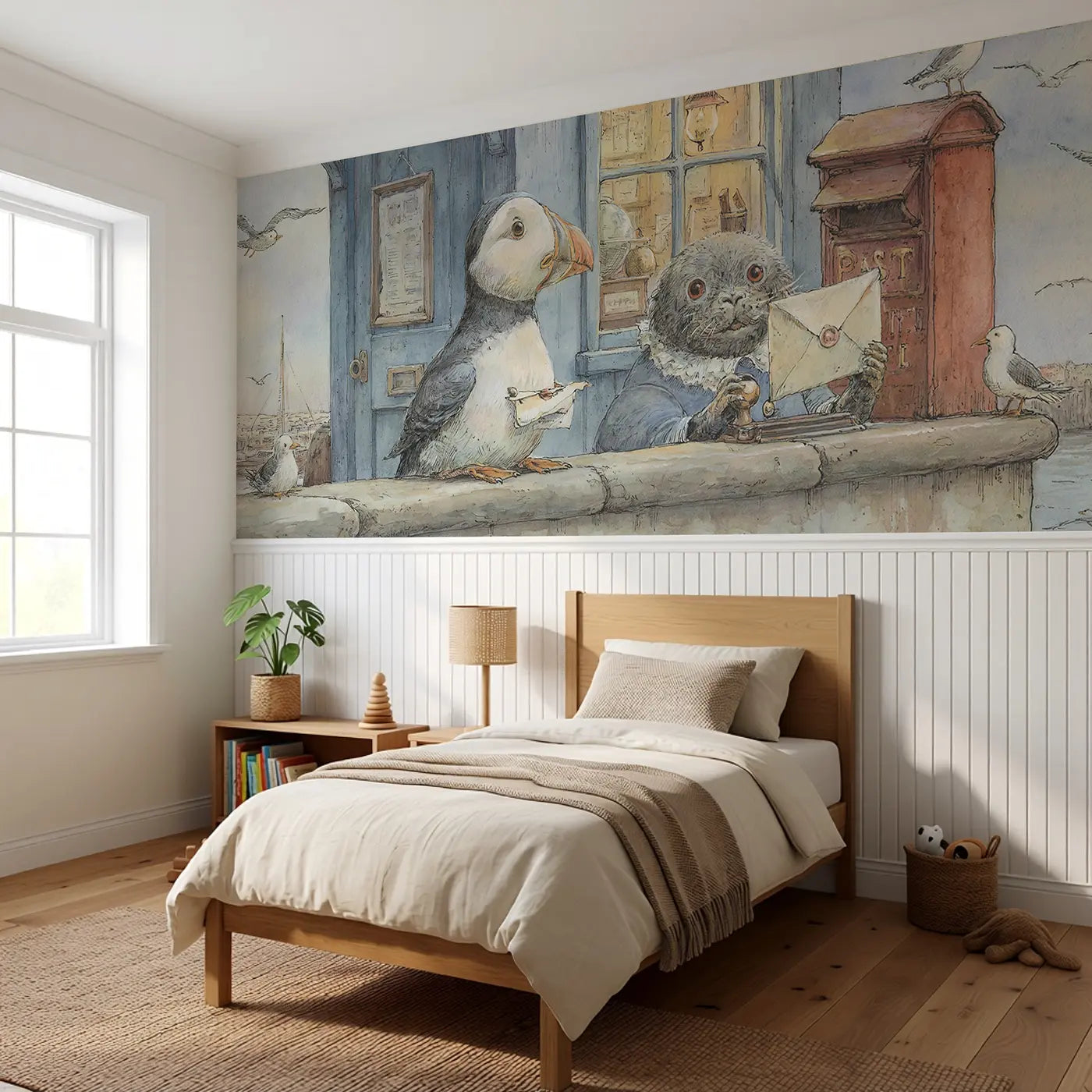 Puffin Post Office Harbor Wainscoting Wallpaper styled in a kids bedroom by Whimsy Tots