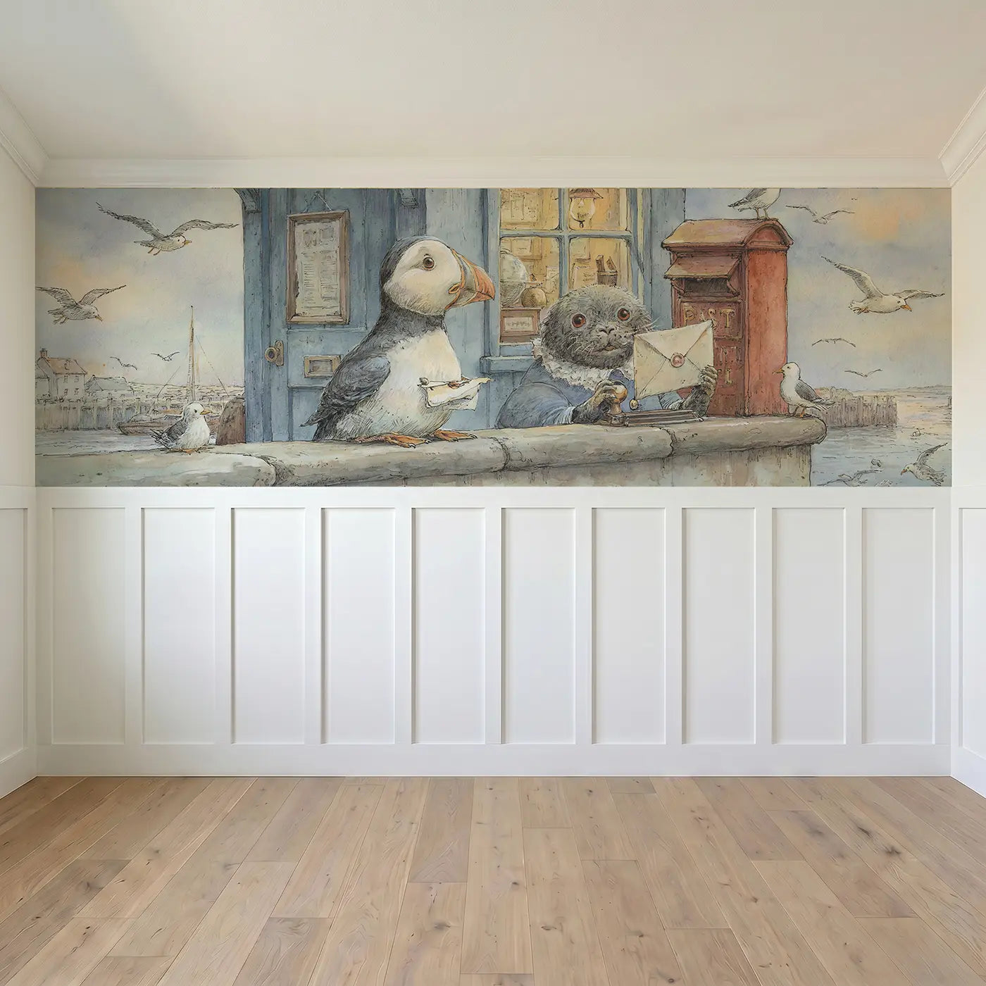 Full panel view of Puffin Post Office Harbor Wainscoting Wallpaper by Whimsy Tots