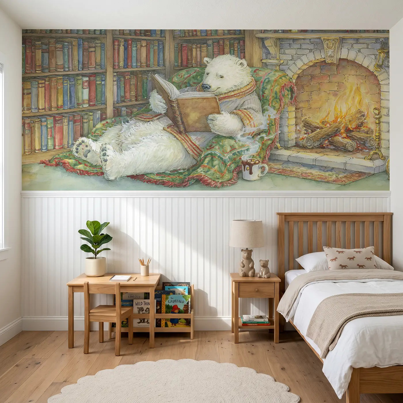 Storybook polar bear library fire wainscoting wallpaper for bedroom by Whimsy Tots.