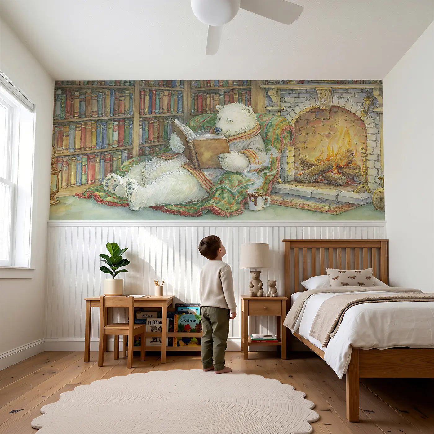 Child reading near Polar Bear Library Fire Wainscoting Wallpaper by Whimsy Tots