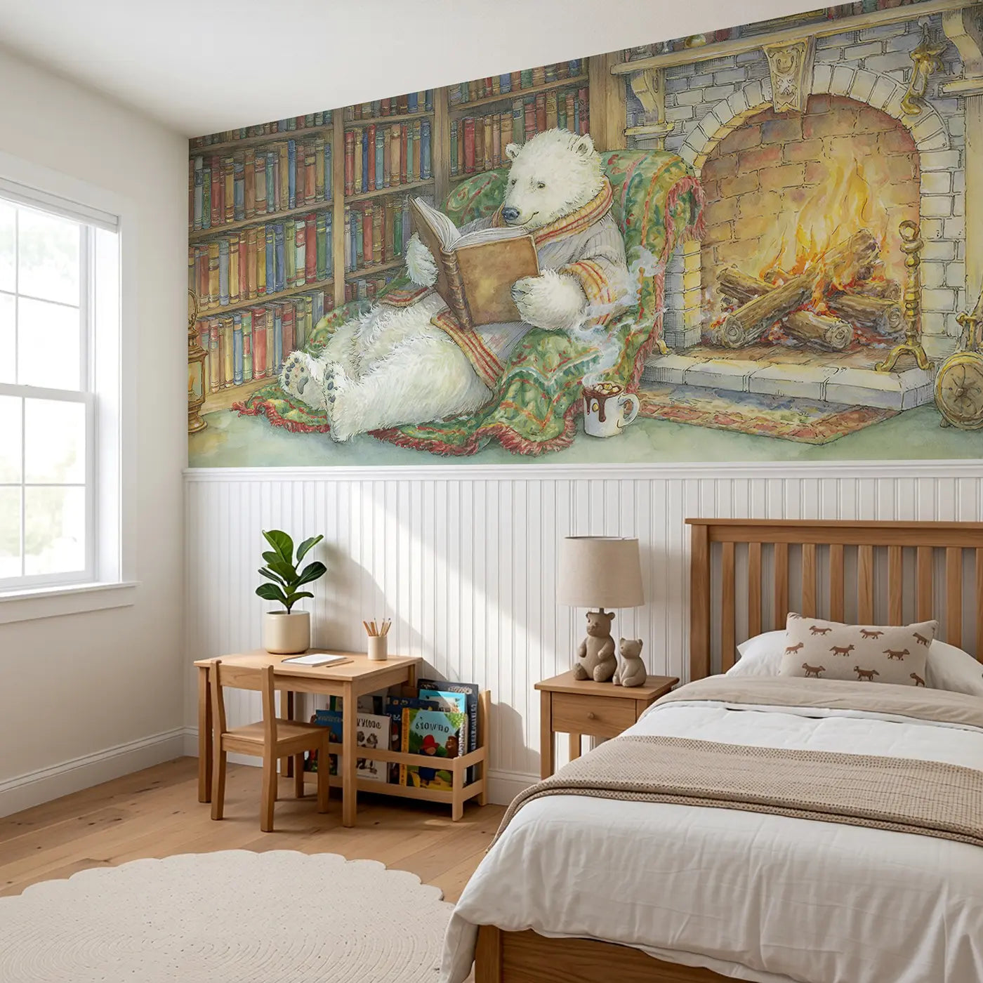 Polar Bear Library Fire Wainscoting Wallpaper styled in a kids bedroom by Whimsy Tots
