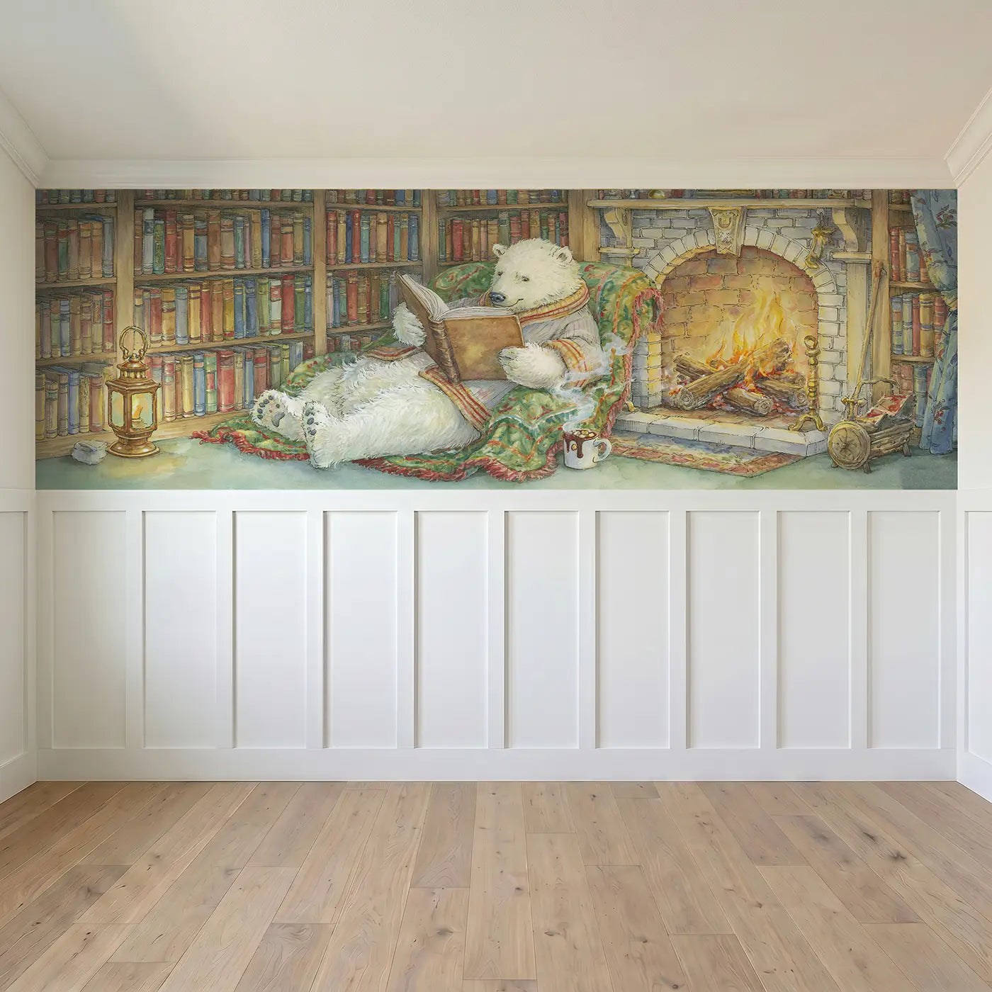 Full panel view of Polar Bear Library Fire Wainscoting Wallpaper by Whimsy Tots
