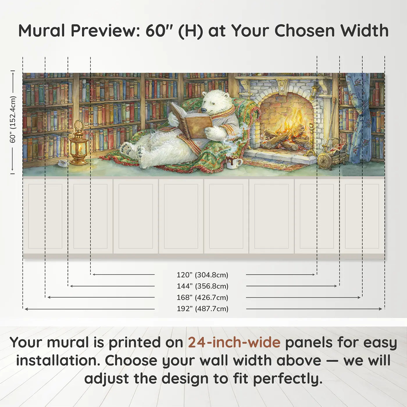 Panel dimensions for Polar Bear Library Fire Wainscoting Wallpaper by Whimsy Tots