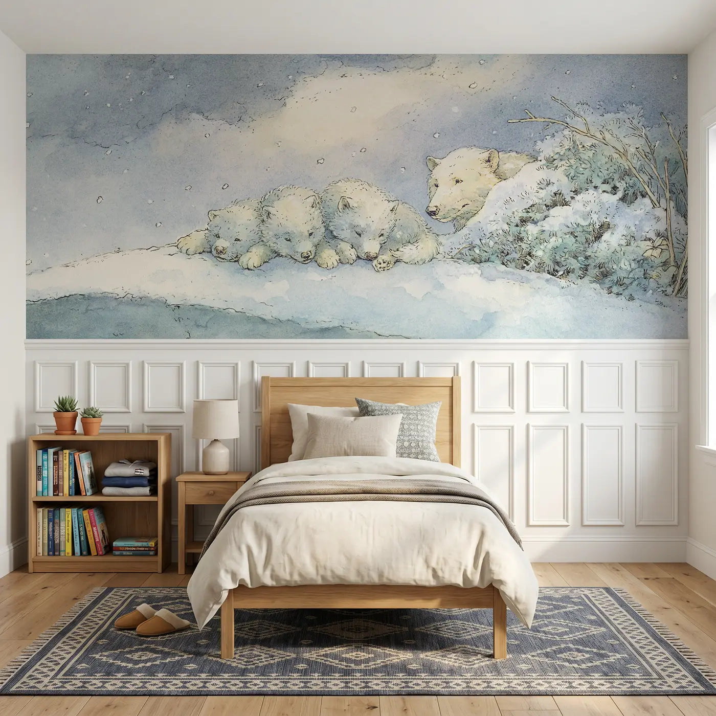 Storybook arctic wolf puppies play wainscoting wallpaper for bedroom by Whimsy Tots.