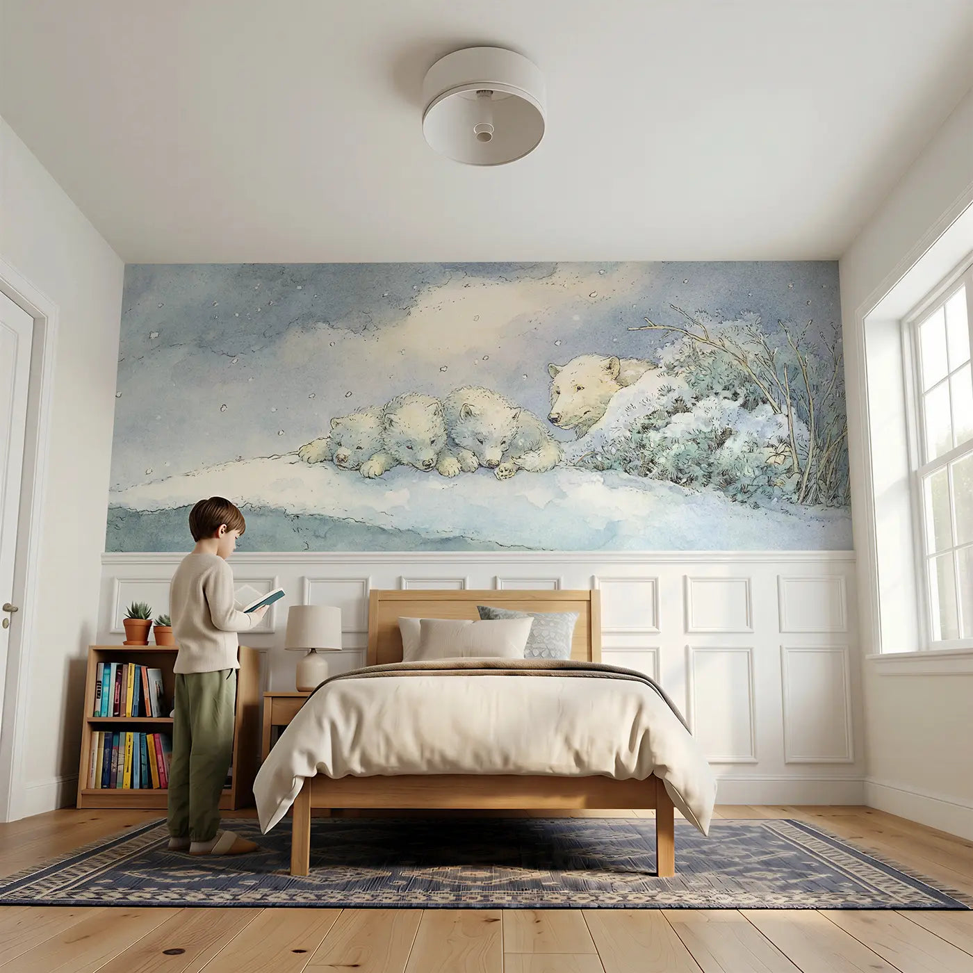 Child reading near Arctic Wolf Puppies Play Wainscoting Wallpaper by Whimsy Tots
