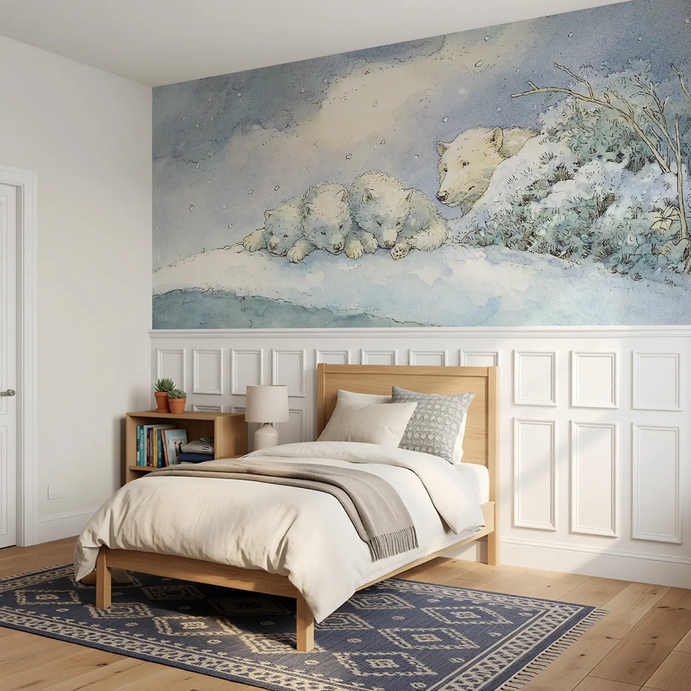 Arctic Wolf Puppies Play Wainscoting Wallpaper styled in a kids bedroom by Whimsy Tots