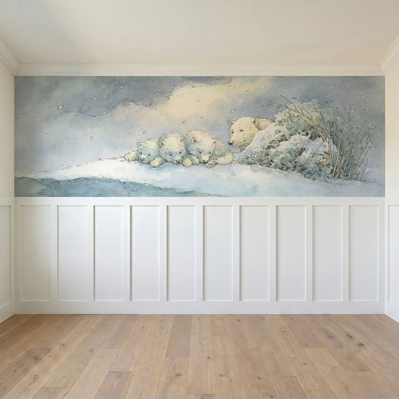Full panel view of Arctic Wolf Puppies Play Wainscoting Wallpaper by Whimsy Tots