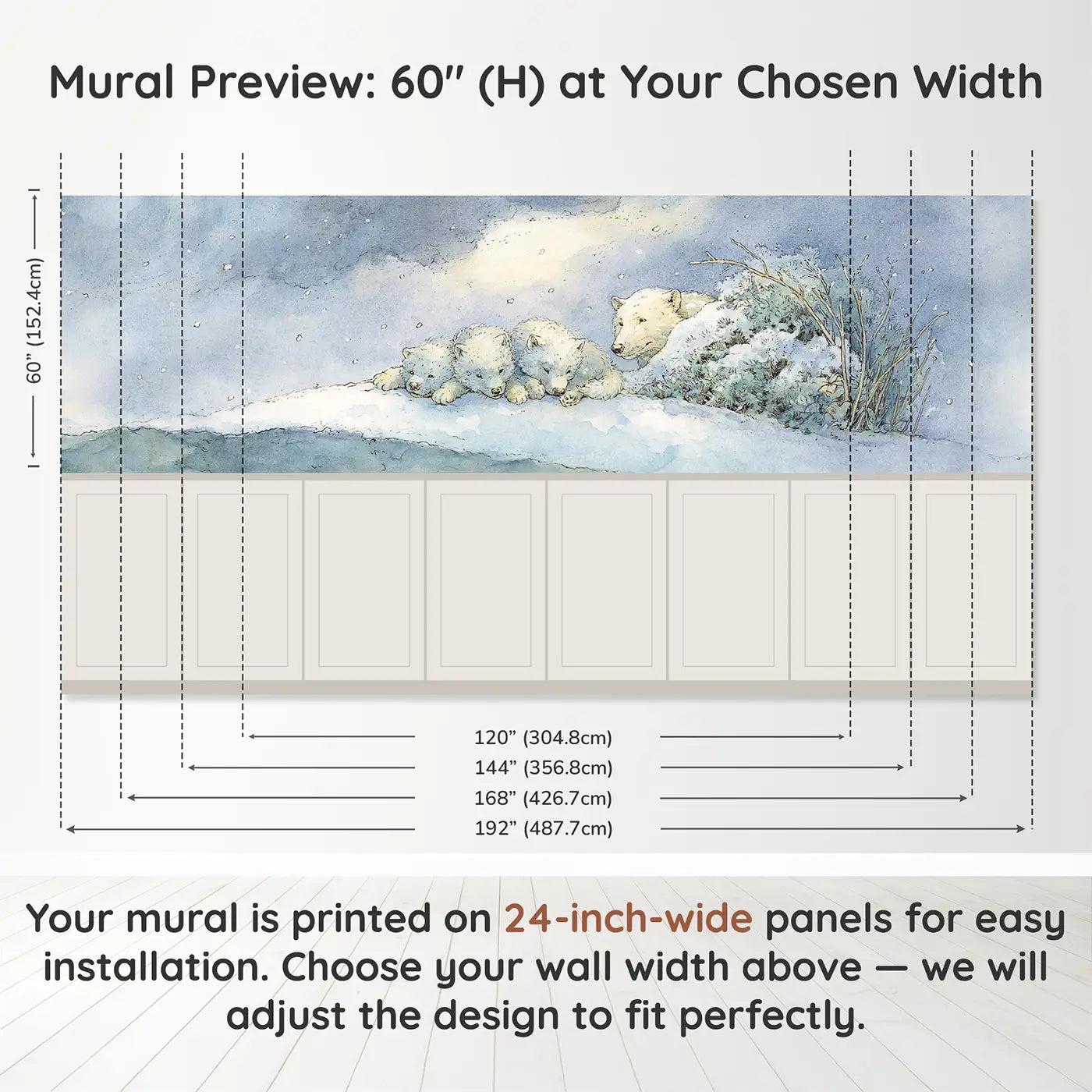 Panel dimensions for Arctic Wolf Puppies Play Wainscoting Wallpaper by Whimsy Tots