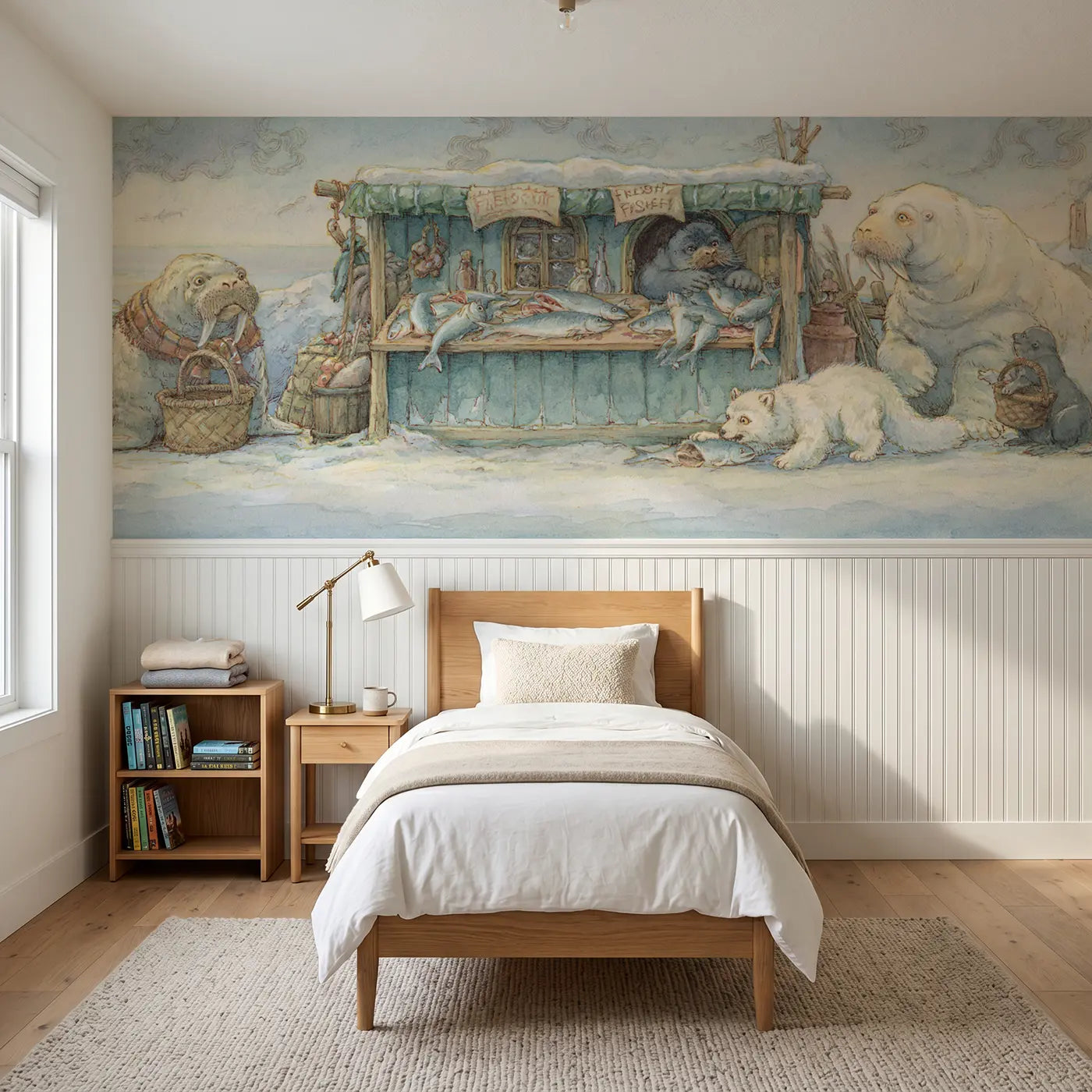 Storybook walrus tusks market day wainscoting wallpaper for bedroom by Whimsy Tots.