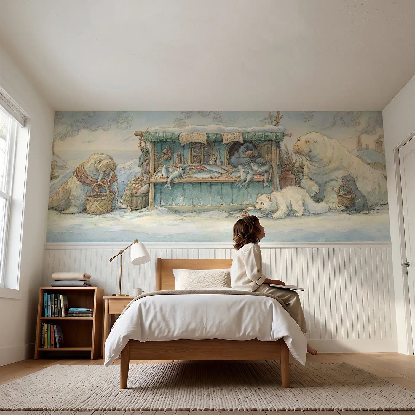 Child reading near Walrus Tusks Market Day Wainscoting Wallpaper by Whimsy Tots