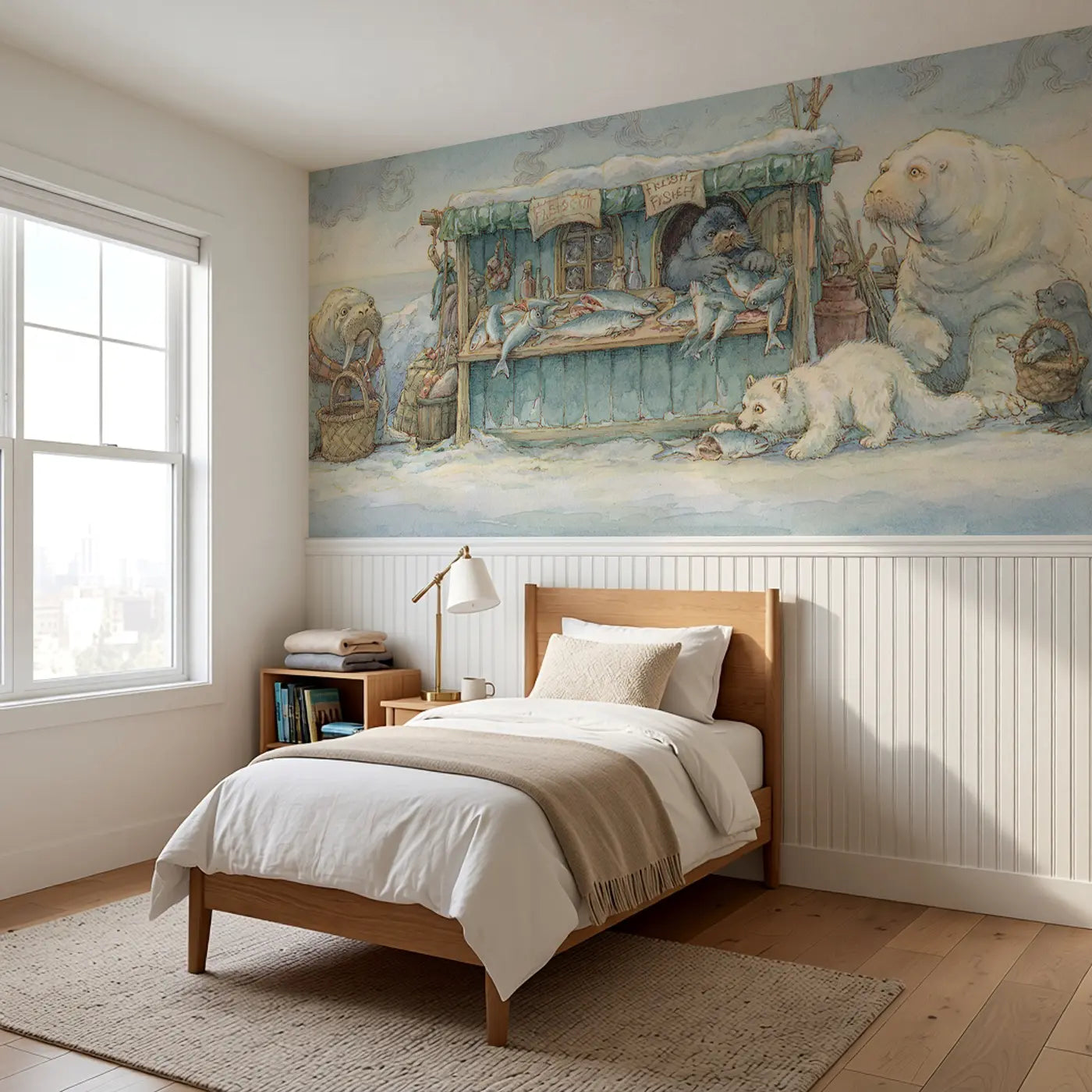 Walrus Tusks Market Day Wainscoting Wallpaper styled in a kids bedroom by Whimsy Tots
