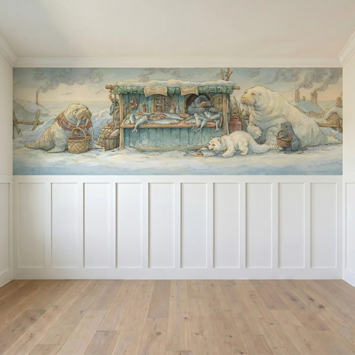 Full panel view of Walrus Tusks Market Day Wainscoting Wallpaper by Whimsy Tots
