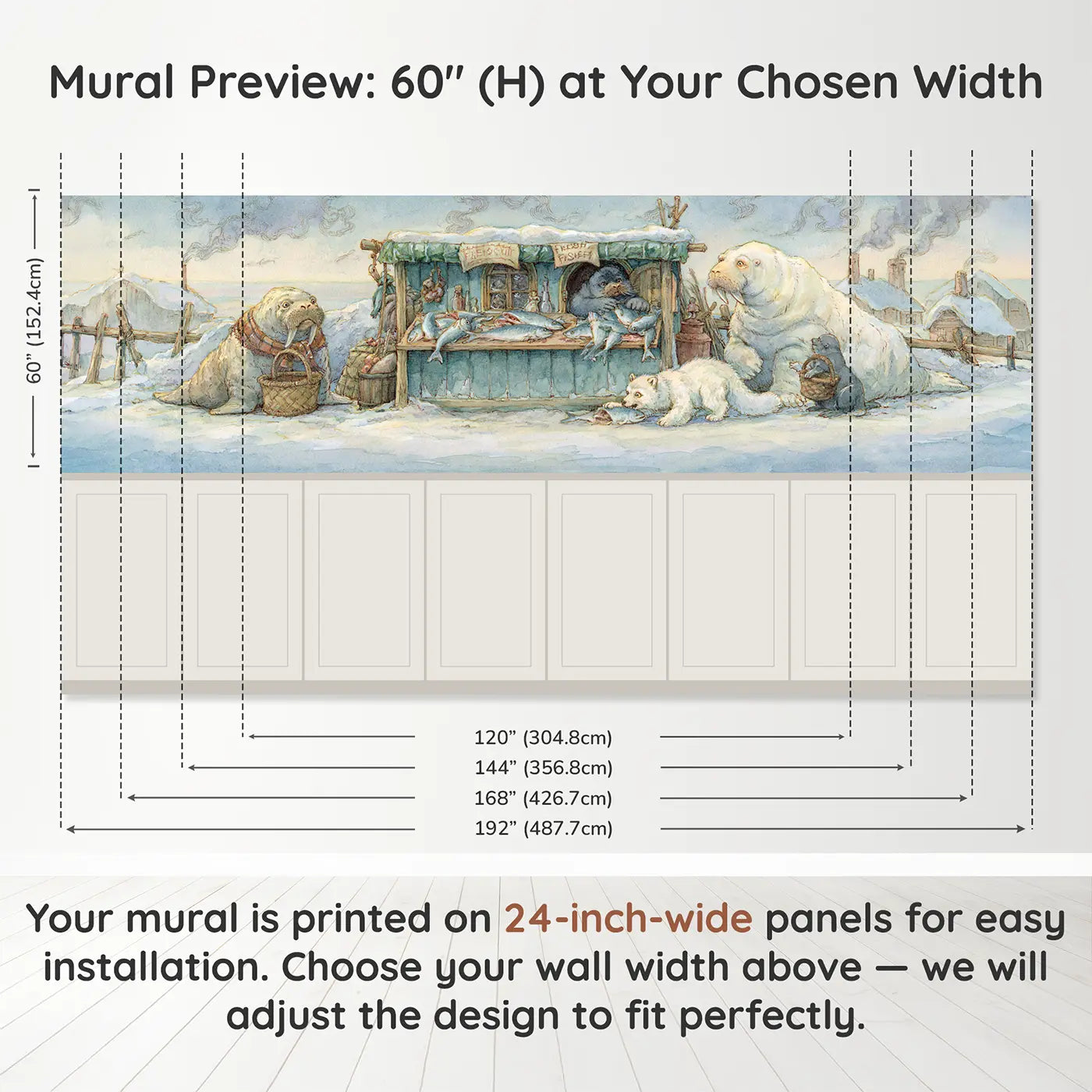 Panel dimensions for Walrus Tusks Market Day Wainscoting Wallpaper by Whimsy Tots