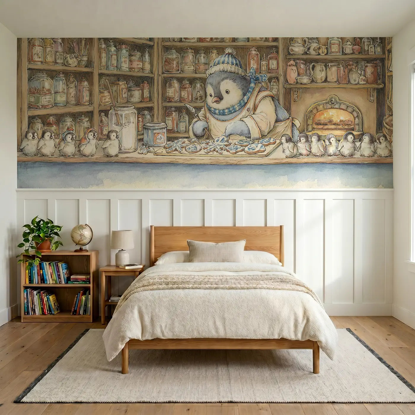 Storybook penguin bakery iced cookies wainscoting wallpaper for bedroom by Whimsy Tots.