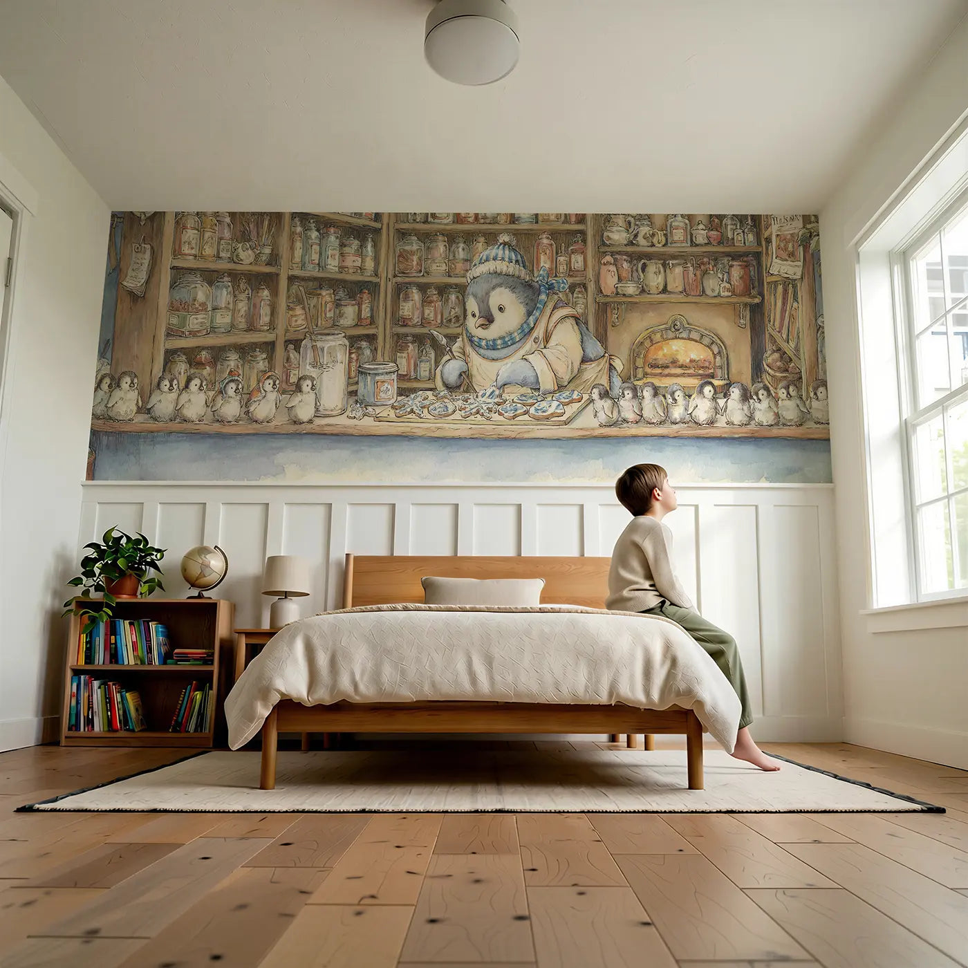 Child reading near Penguin Bakery Iced Cookies Wainscoting Wallpaper by Whimsy Tots