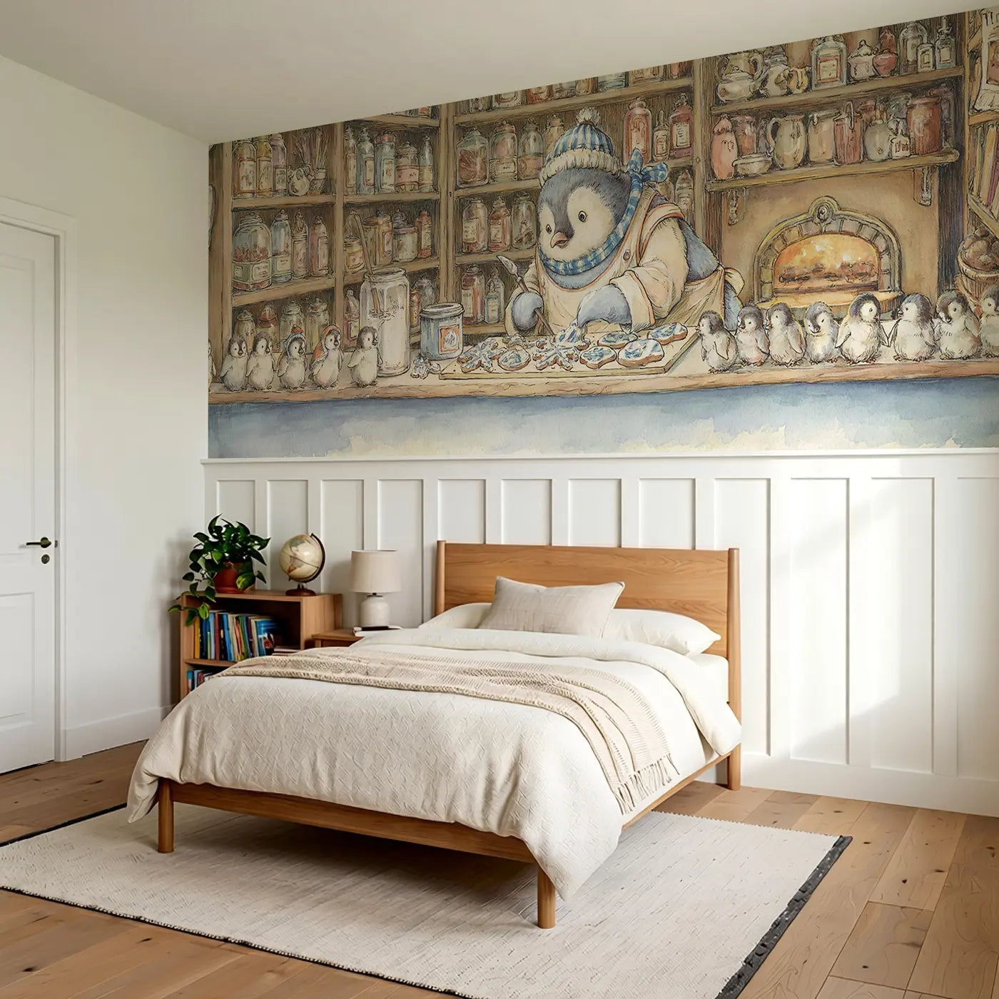 Penguin Bakery Iced Cookies Wainscoting Wallpaper styled in a kids bedroom by Whimsy Tots