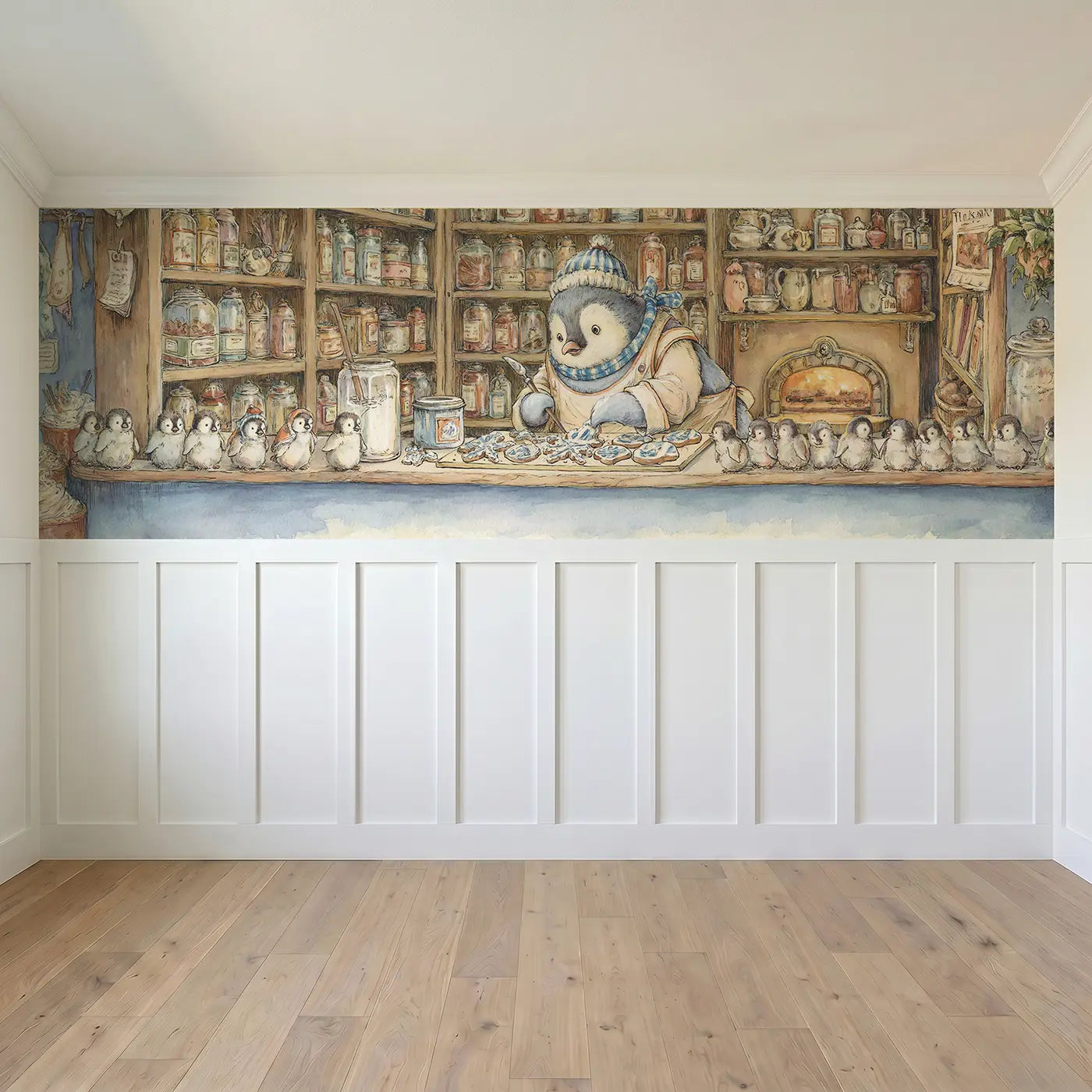 Full panel view of Penguin Bakery Iced Cookies Wainscoting Wallpaper by Whimsy Tots