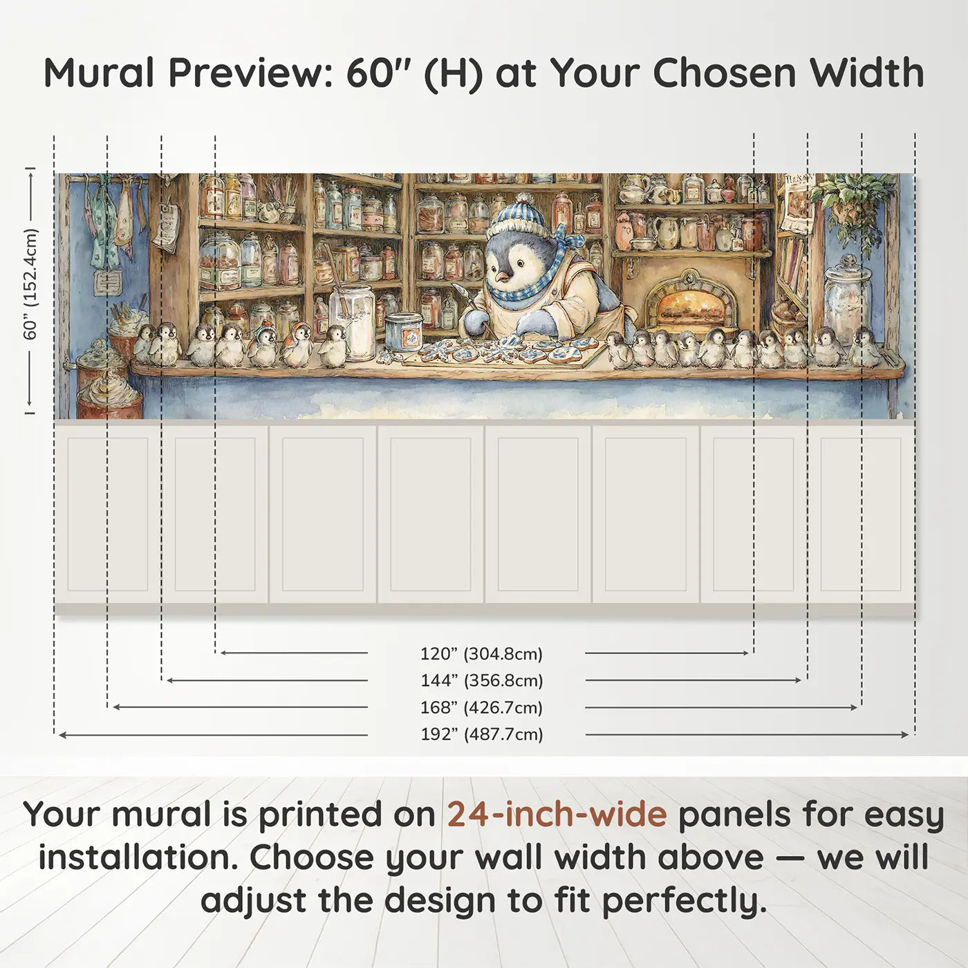 Panel dimensions for Penguin Bakery Iced Cookies Wainscoting Wallpaper by Whimsy Tots