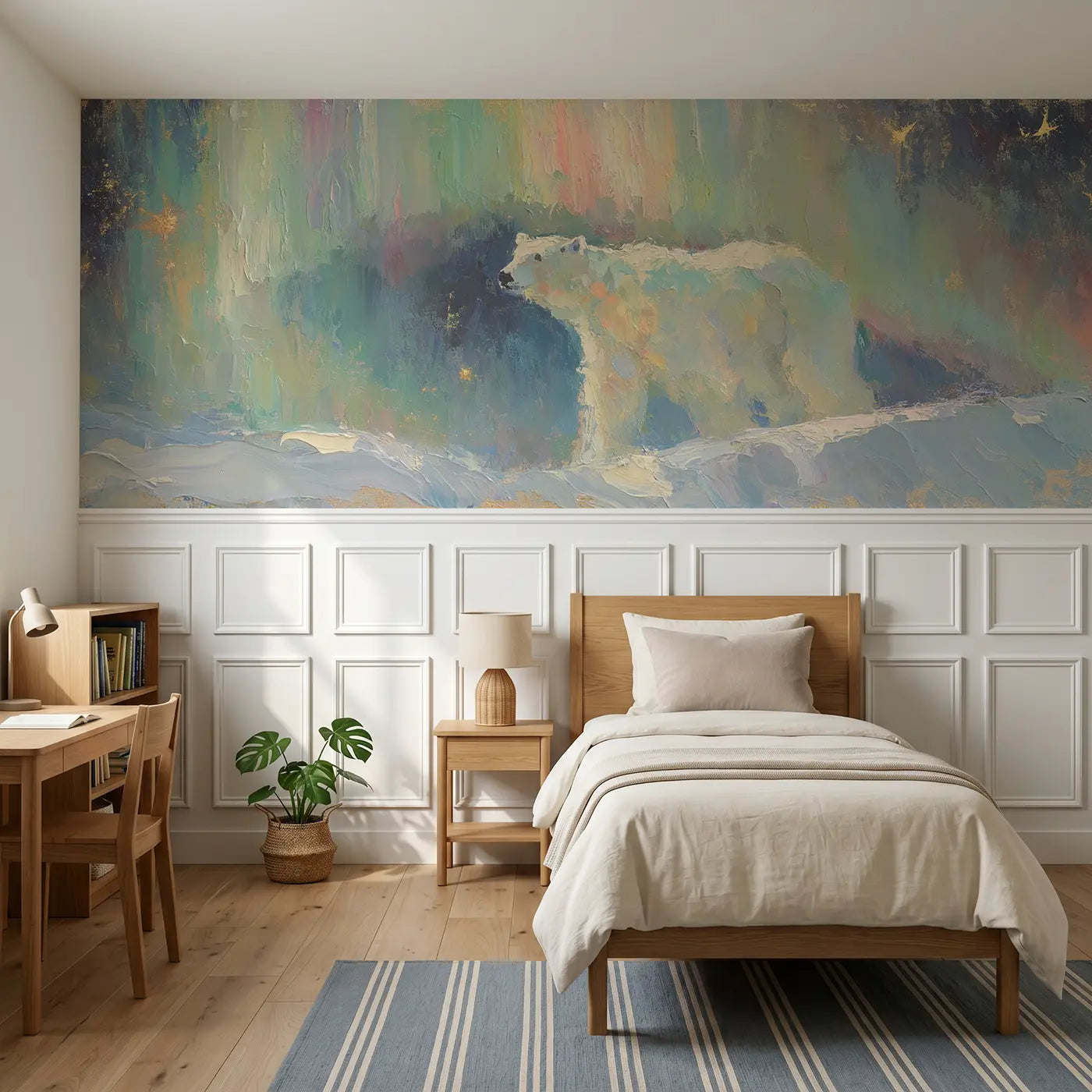 Painted Landscape polar bear aurora ridge wainscoting wallpaper for bedroom by Whimsy Tots.