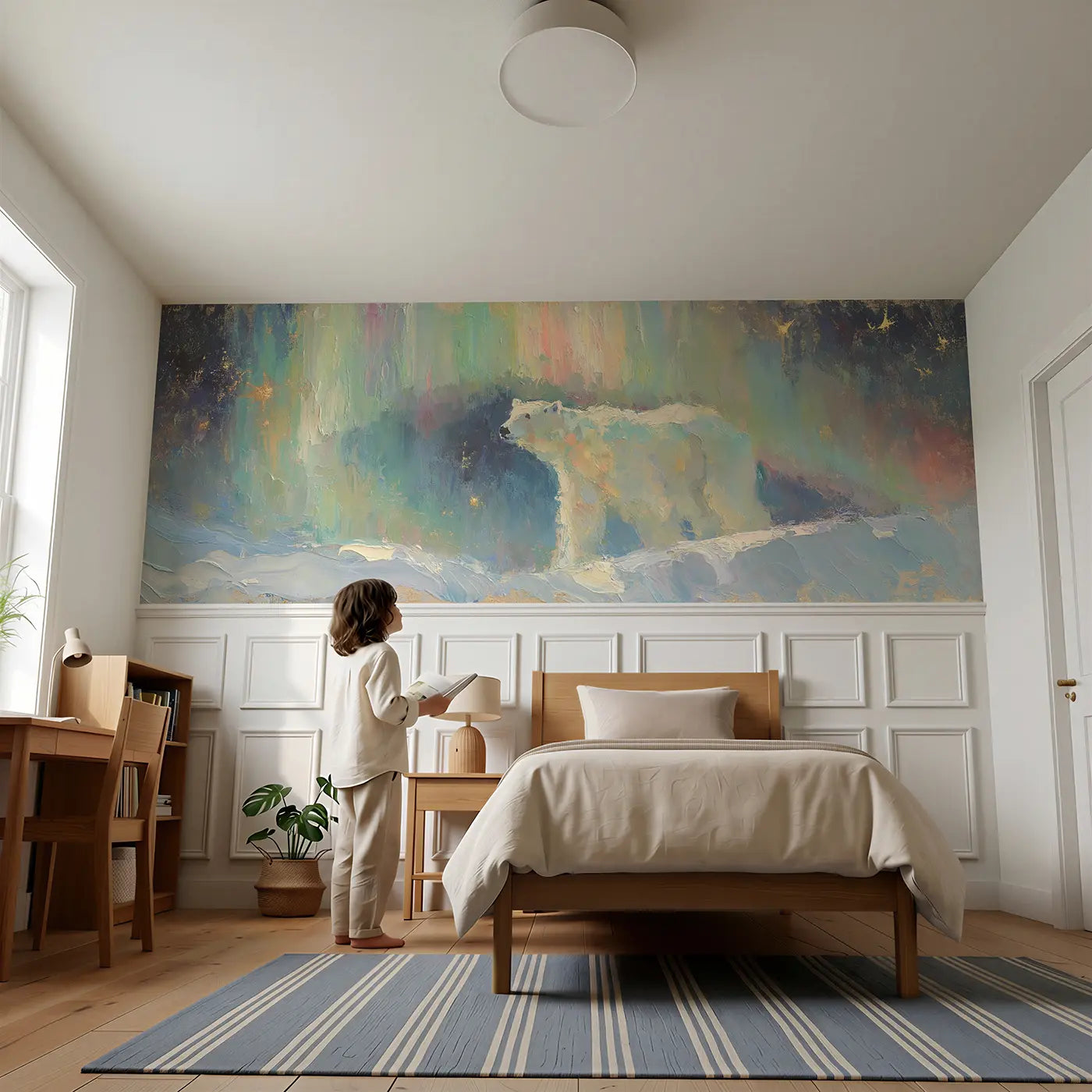 Child reading near Polar Bear Aurora Ridge Wainscoting Wallpaper by Whimsy Tots