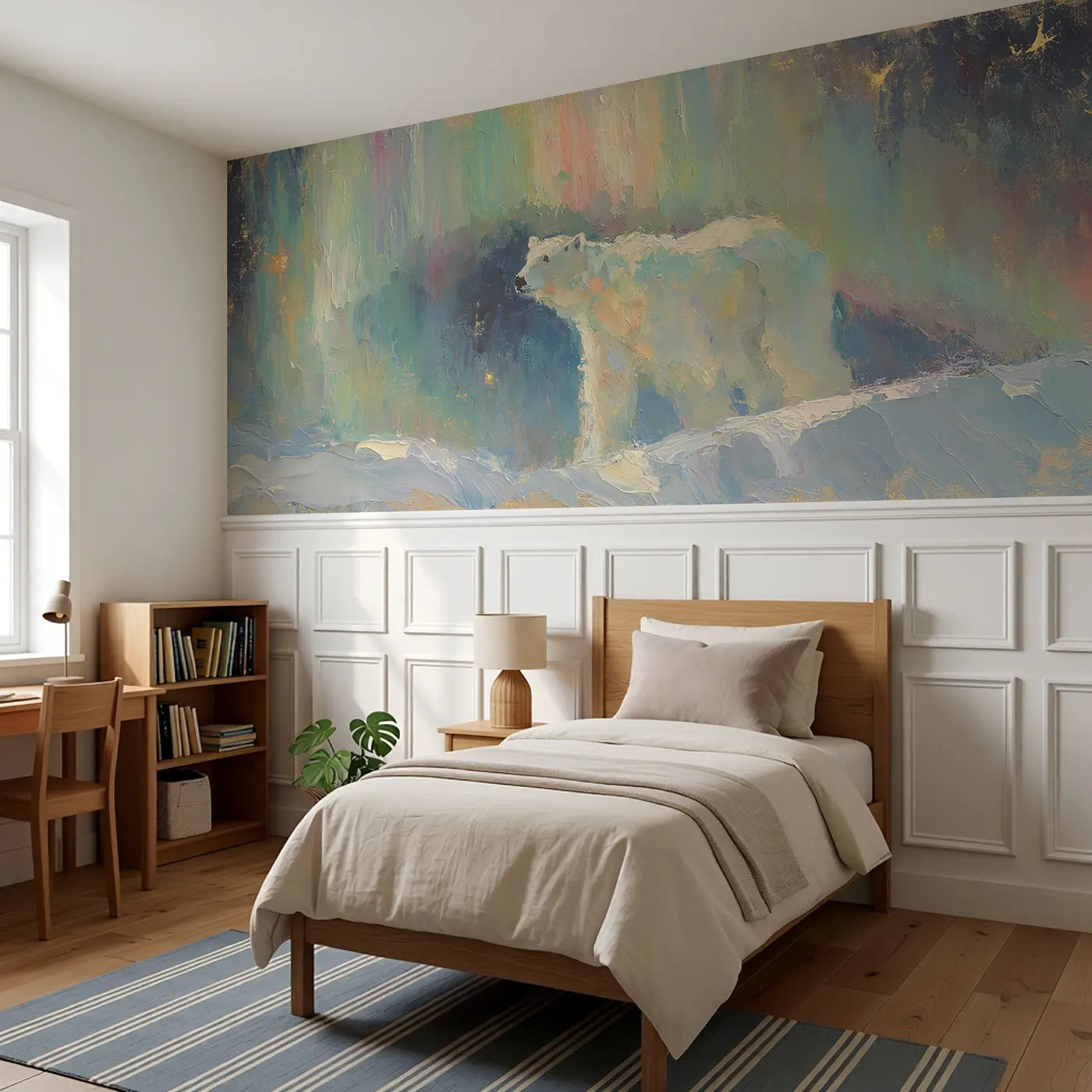 Polar Bear Aurora Ridge Wainscoting Wallpaper styled in a kids bedroom by Whimsy Tots