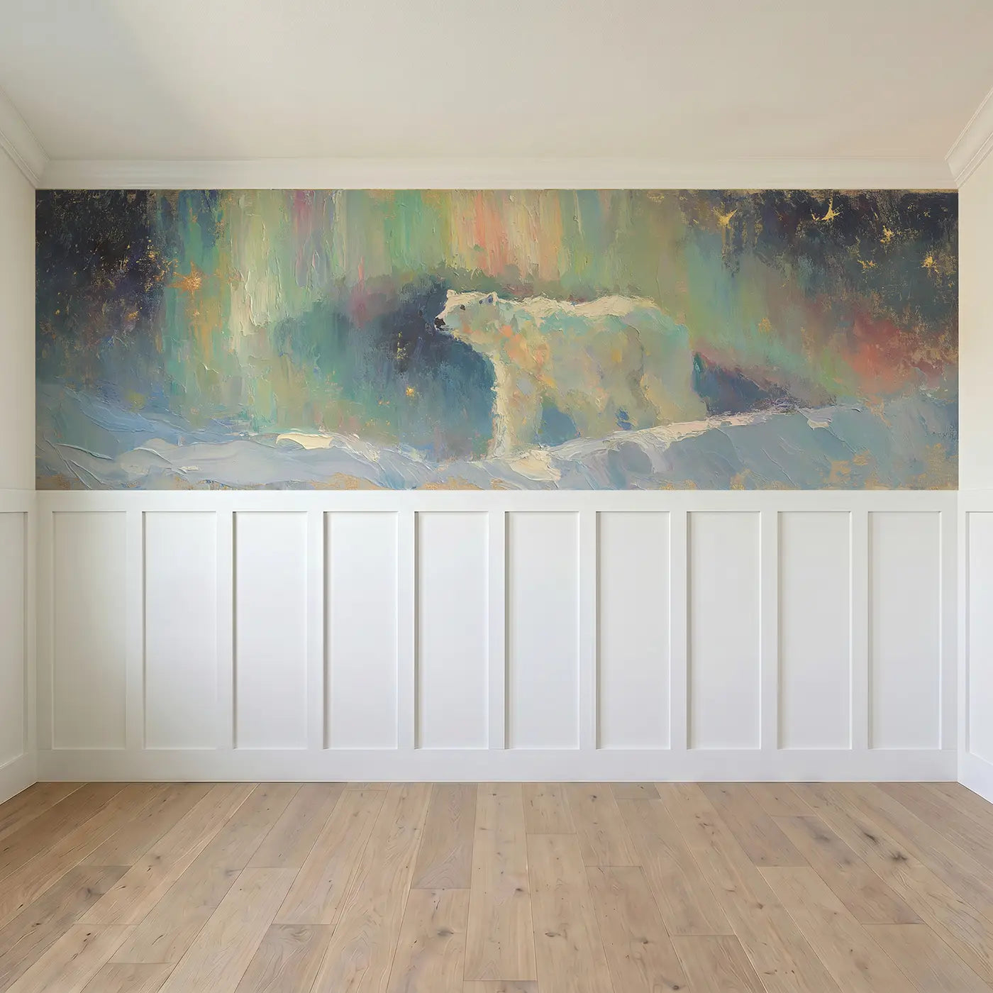 Full panel view of Polar Bear Aurora Ridge Wainscoting Wallpaper by Whimsy Tots