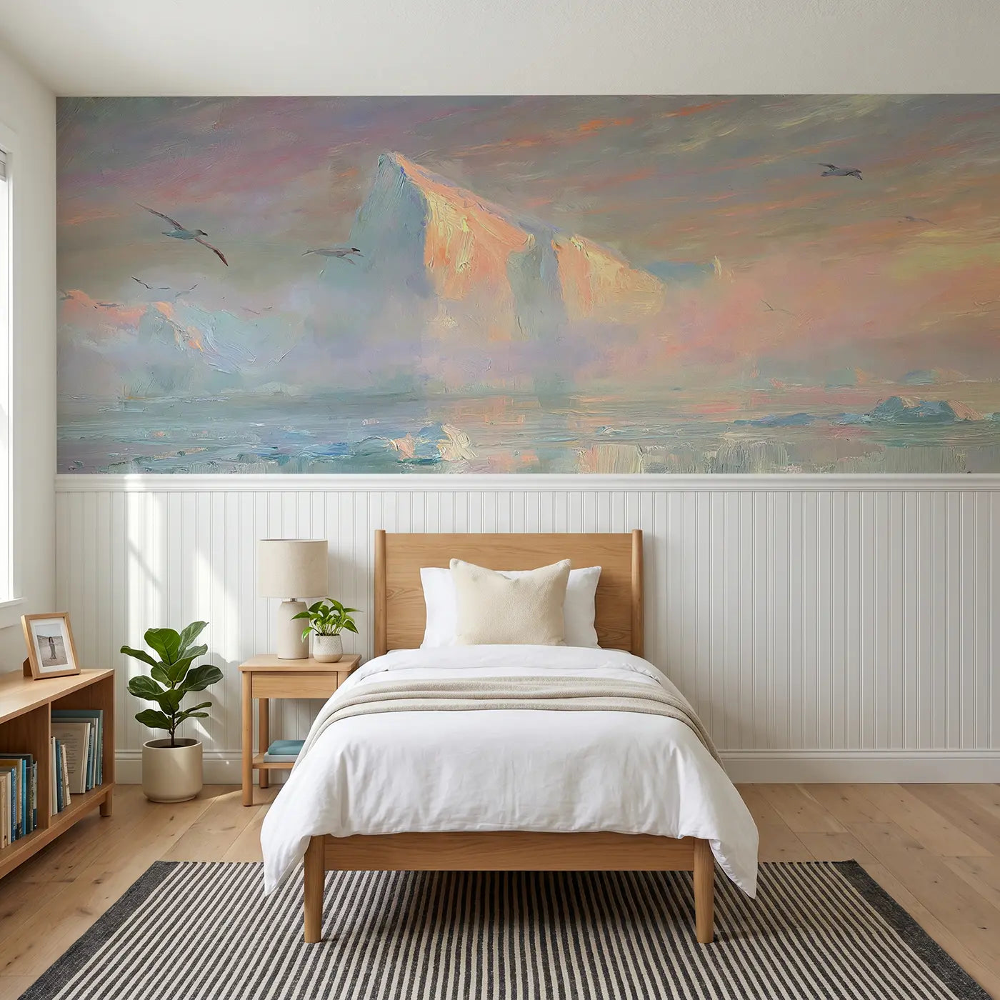 Painted Landscape iceberg ocean dawn wainscoting wallpaper for bedroom by Whimsy Tots.