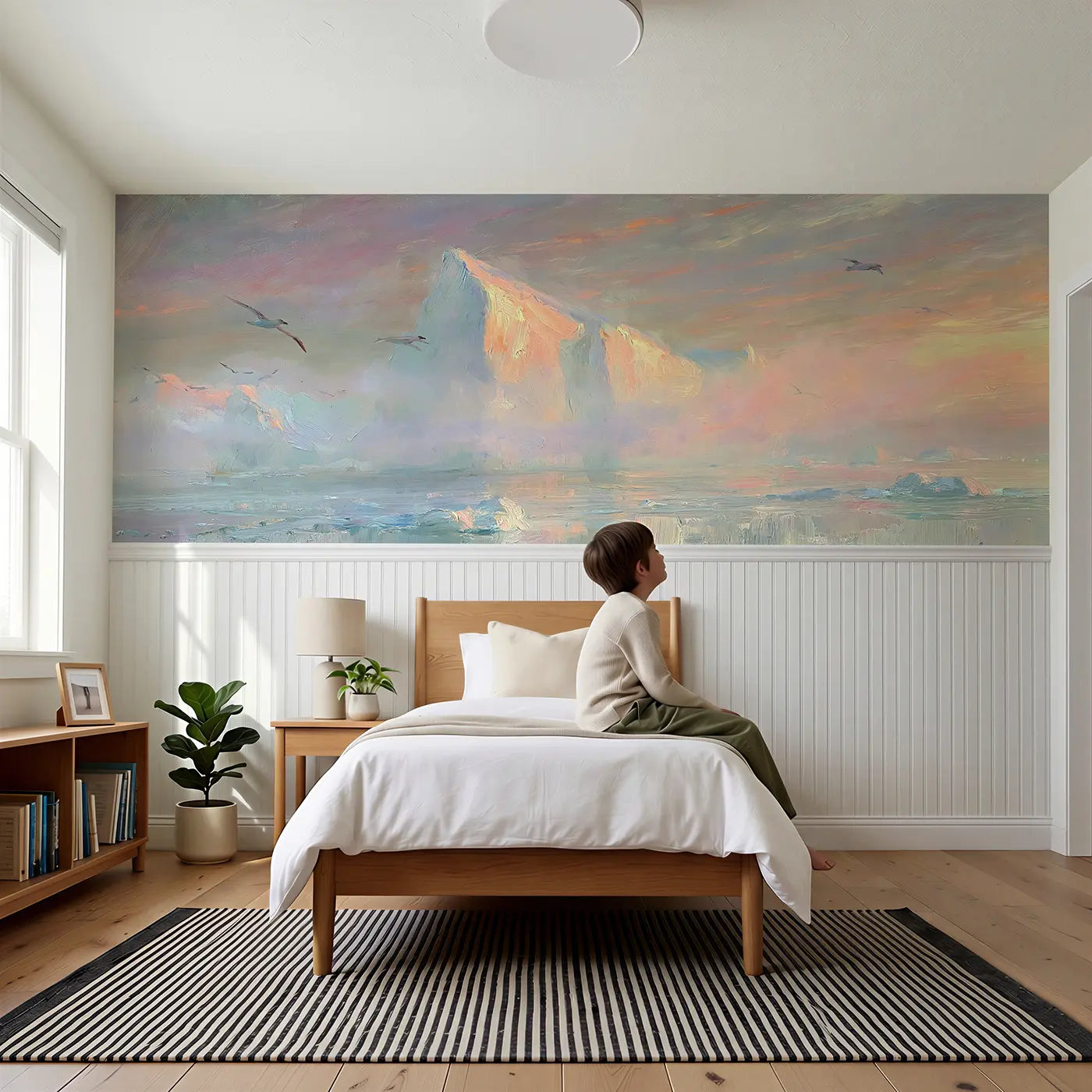 Child reading near Iceberg Ocean Dawn Oil Wainscoting Wallpaper by Whimsy Tots
