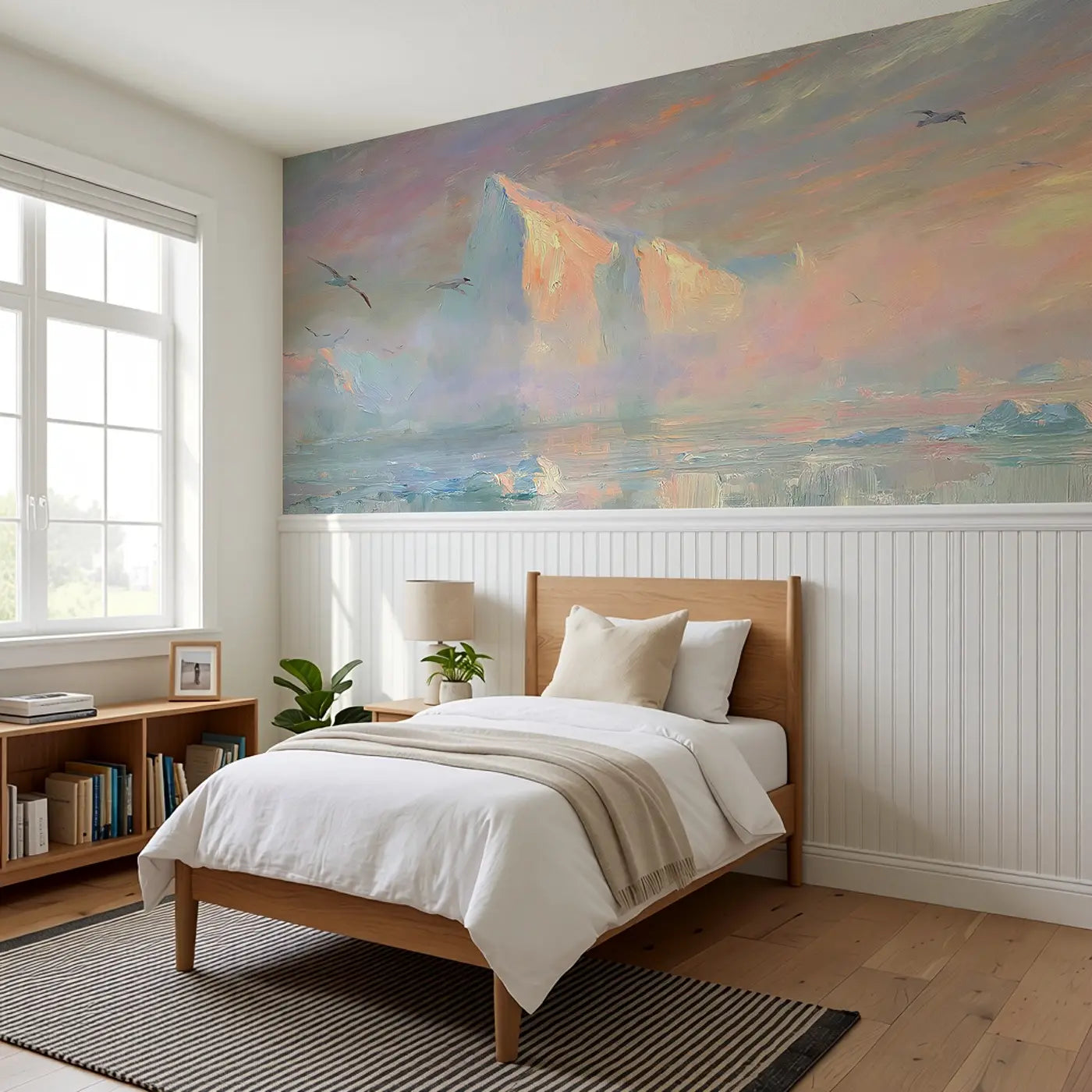 Iceberg Ocean Dawn Oil Wainscoting Wallpaper styled in a kids bedroom by Whimsy Tots