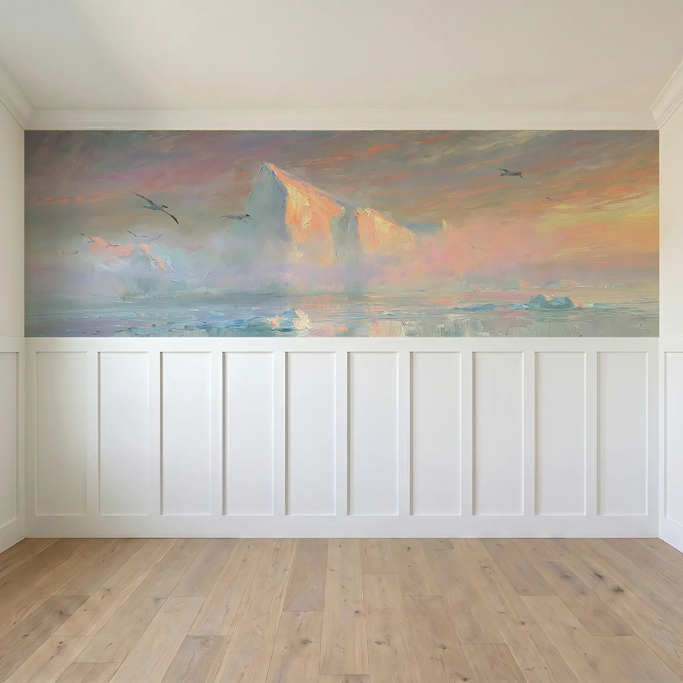 Full panel view of Iceberg Ocean Dawn Oil Wainscoting Wallpaper by Whimsy Tots