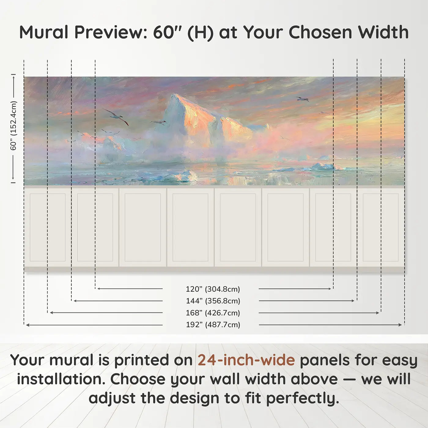 Panel dimensions for Iceberg Ocean Dawn Oil Wainscoting Wallpaper by Whimsy Tots