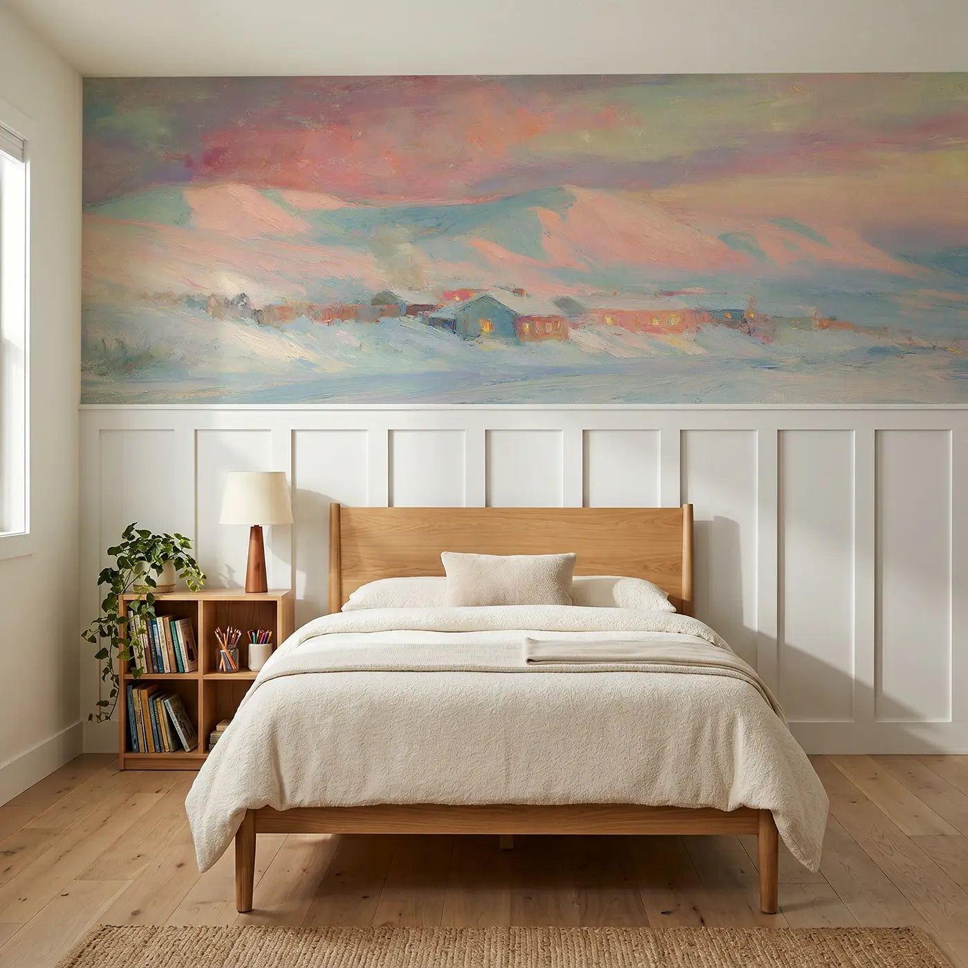 Painted Landscape arctic village cozy dusk wainscoting wallpaper for bedroom by Whimsy Tots.
