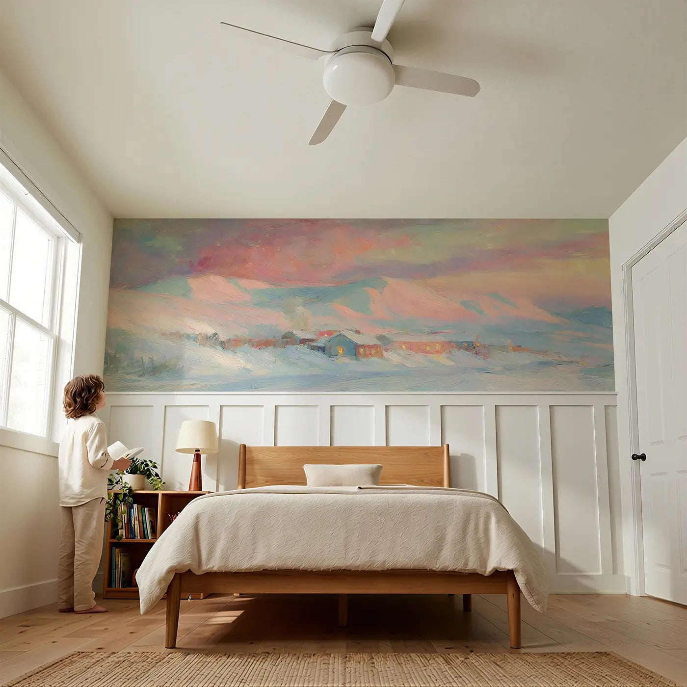 Child reading near Arctic Village Cozy Dusk Wainscoting Wallpaper by Whimsy Tots