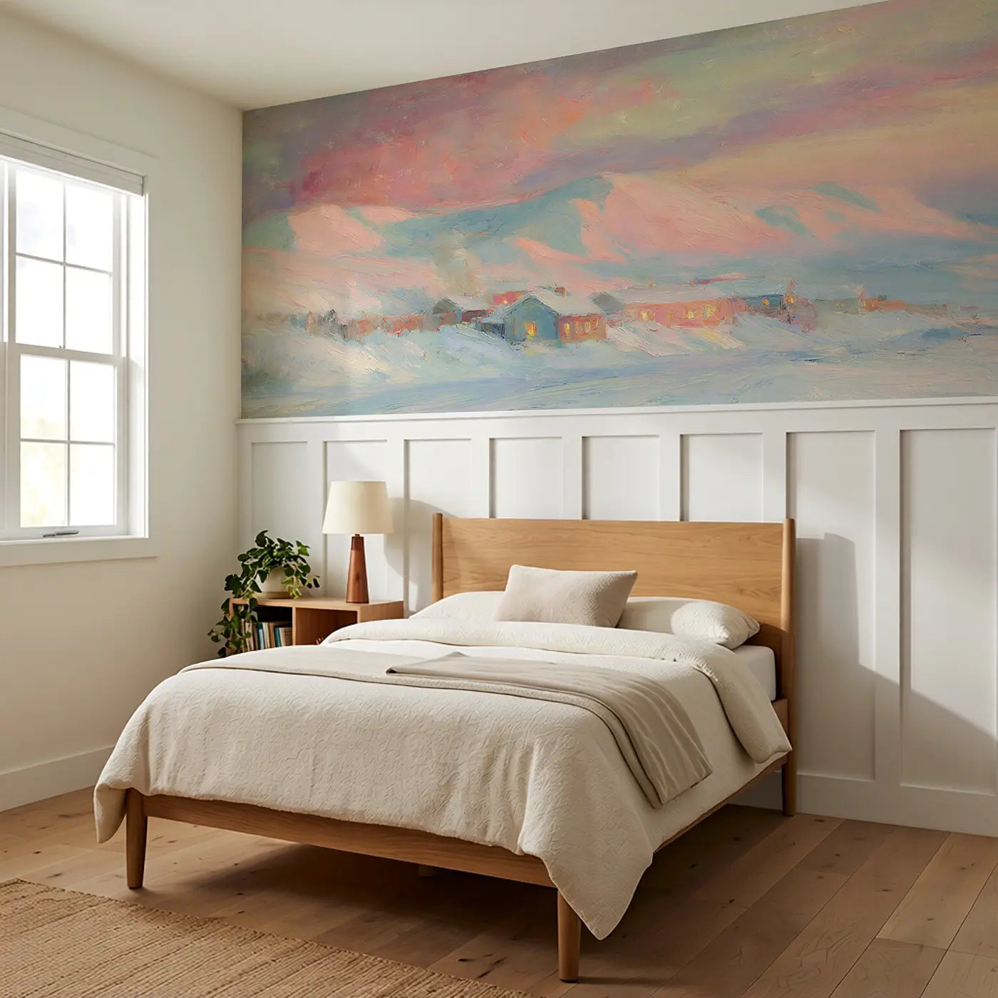 Arctic Village Cozy Dusk Wainscoting Wallpaper styled in a kids bedroom by Whimsy Tots