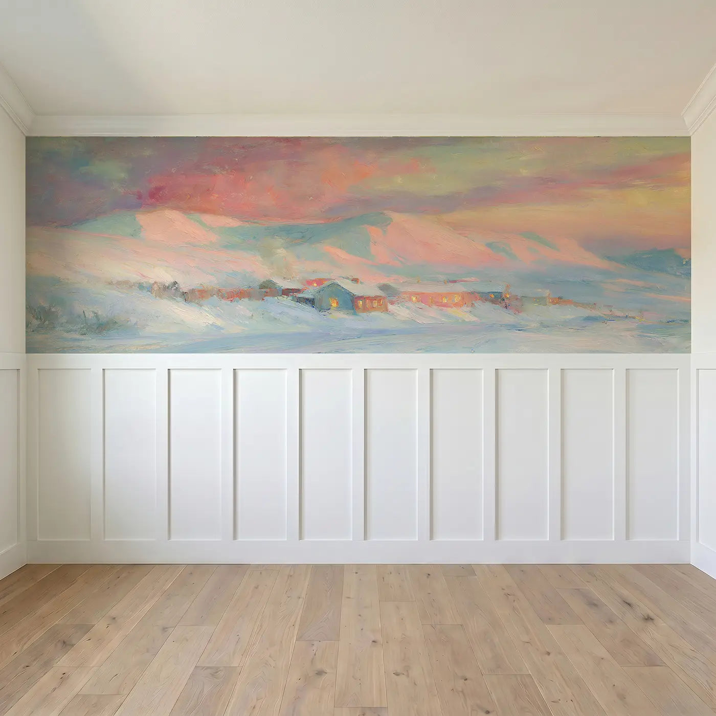 Full panel view of Arctic Village Cozy Dusk Wainscoting Wallpaper by Whimsy Tots