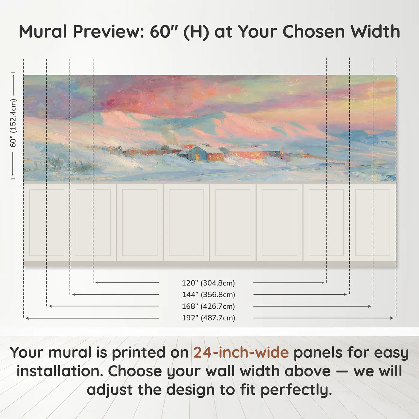 Panel dimensions for Arctic Village Cozy Dusk Wainscoting Wallpaper by Whimsy Tots